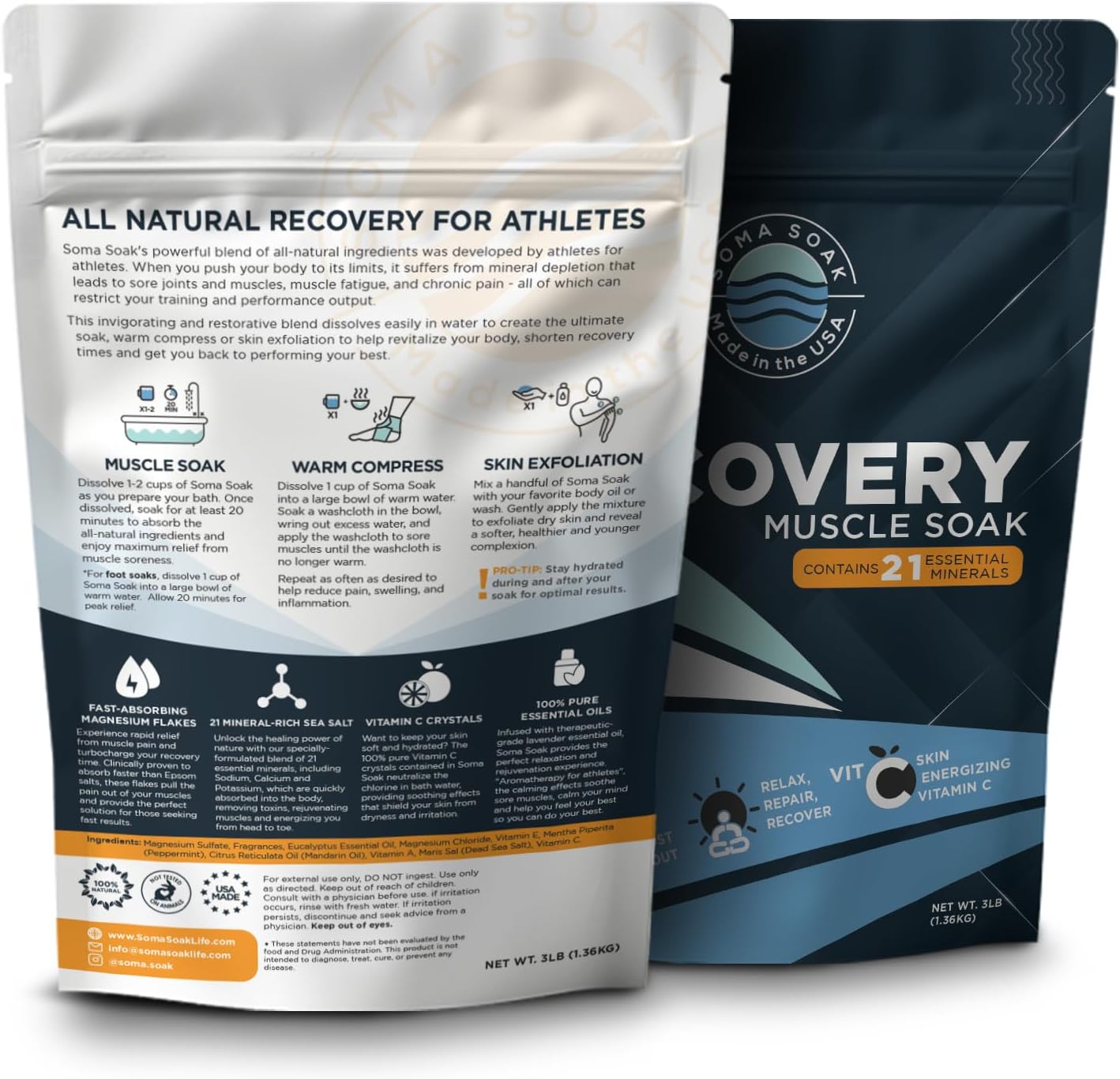 Muscle Recovery Magnesium Bath Soak Fast Absorbing - 21 Mineral Post Workout 3lb Bag Rejuvenating Citrus Mint