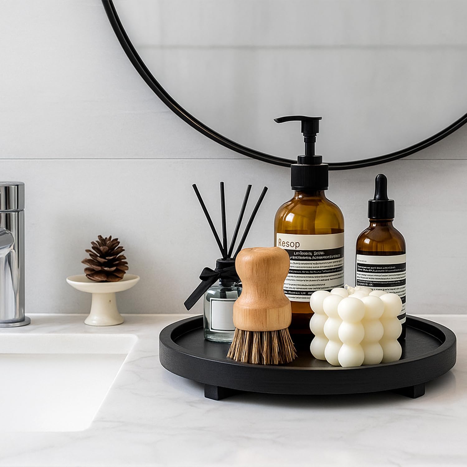 Black Decorative Wooden Tray for Kitchen Counter Bathroom Accessories Sink Vanity Trays Wood Riser Candle Pedestal Stand for Perfume Soap Trays Round Dining Coffee Table Small Rustic Home Decor Tray