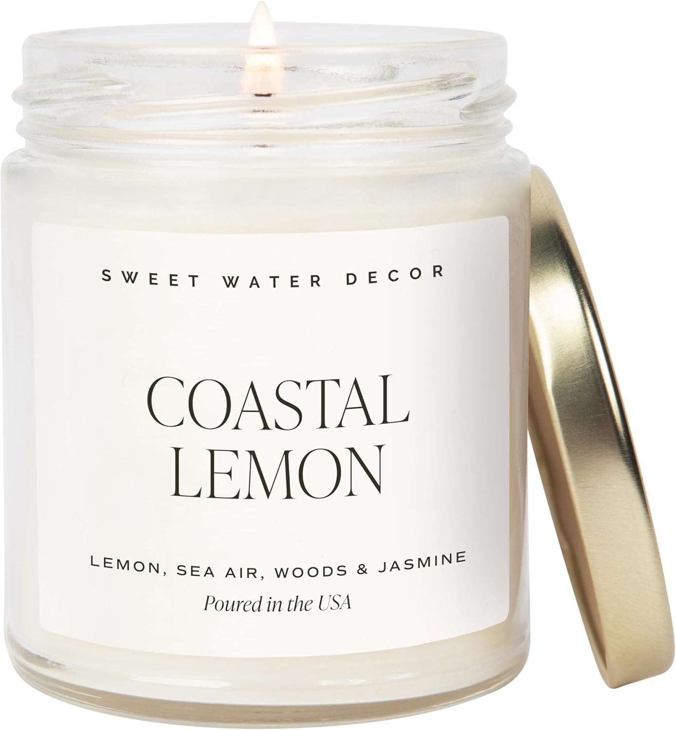 Sweet Water Decor Coastal Lemon Scented Candles - Soy Candles with Lemon, Sea Salt, & Driftwood for Home Decor - Candle Wax with 40 Hours Burn Time - 9oz Gold Lid Clear Jar Candles for Home Scented