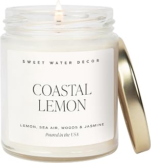 Sweet Water Decor Coastal Lemon Scented Candles - Soy Candles with Lemon, Sea Salt, & Driftwood for Home Decor - Candle Wax with 40 Hours Burn Time - 9oz Gold Lid Clear Jar Candles for Home Scented