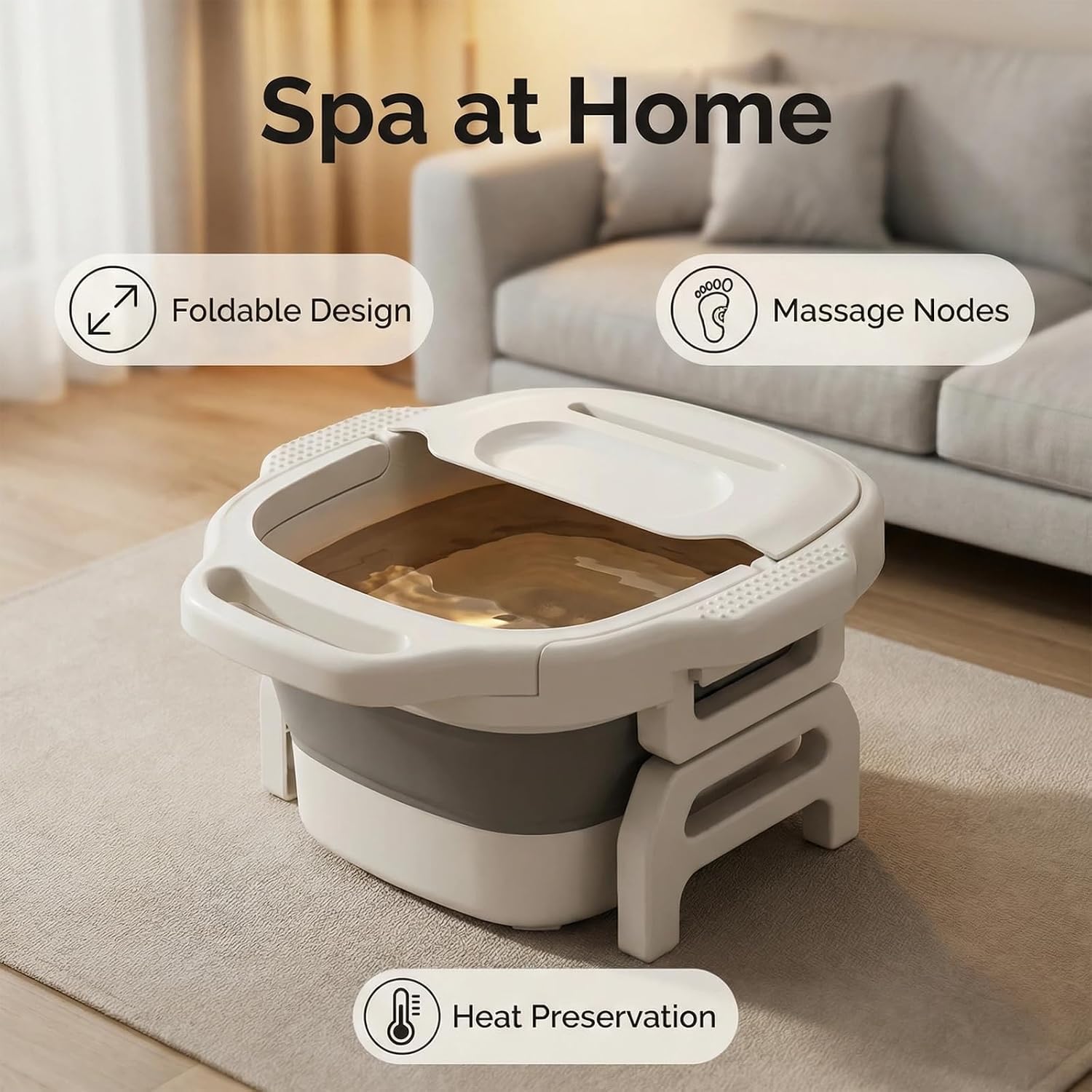 Collapsible Folding Foot Basin for Soaking Feet - Insulated Foot Bath Tub, Portable with Massage Nodes, Stable Support Legs & Lid (Sage Green/Light Gray) (White)