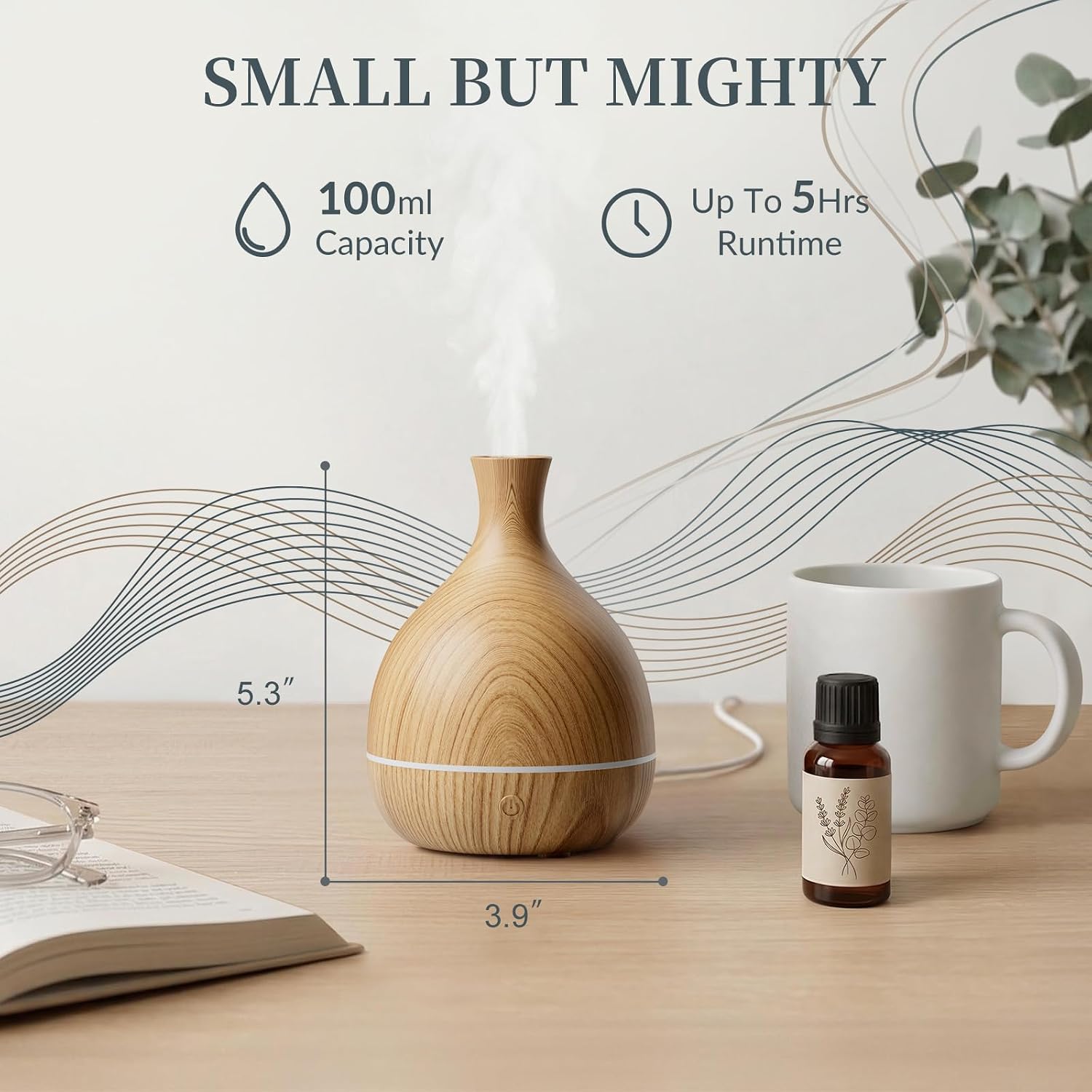 Essential Oil Diffuser with Adapter, 100ml Small Aromatherapy Scent Machine for Home & Office Desk, 7 Color LED Cool Mist Humidifier, Auto Shut-Off, Wood Grain