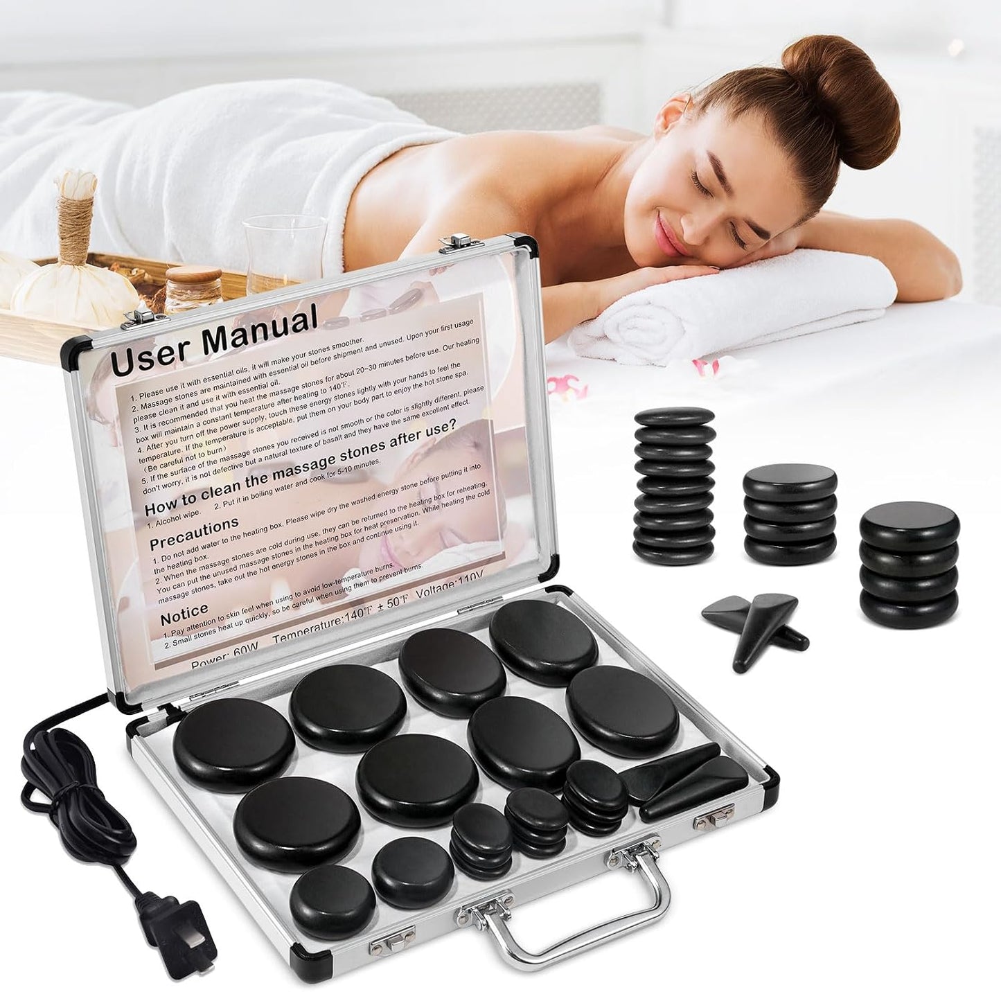 Hot Stones Massage Warmer Kit, 21 Pcs Hot Stones Massage Set, Hot Rocks Basalt Massage Stones for Home Spa Warming Therapy Relaxing