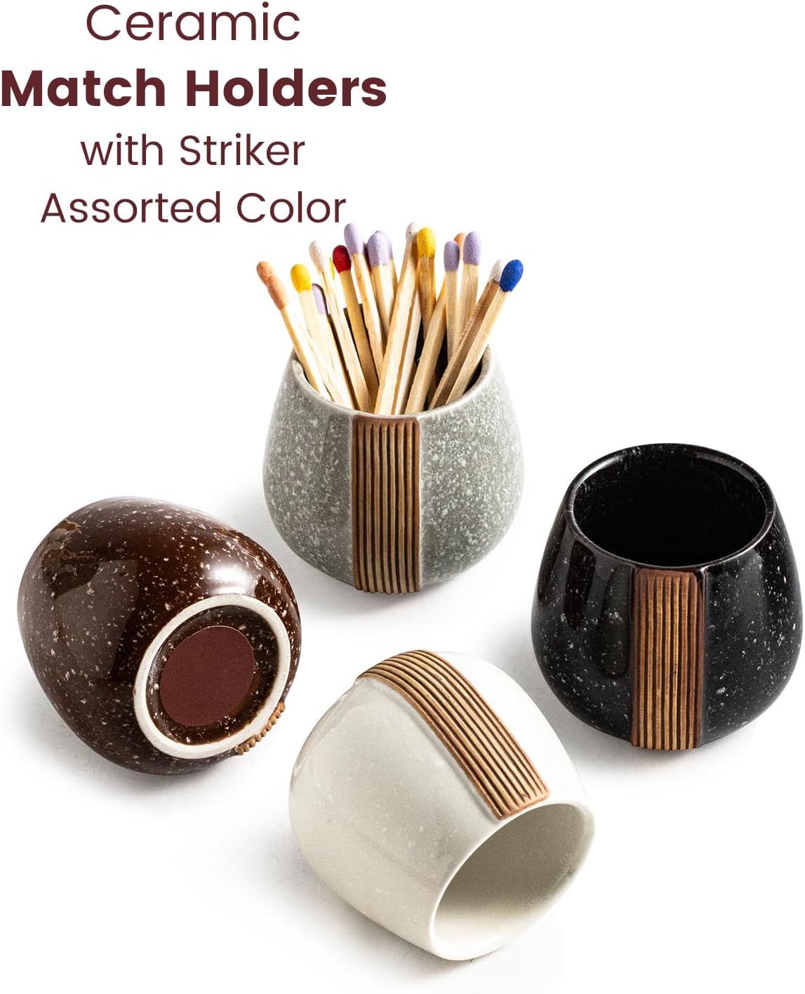 Zoeeker Ceramic Match Striker Holders Set of 2 - Matchstick Container With Wooden Tray for Christmas Kitchen, Fireplaces & Minimalist Spaces - Matches NOT Included, White