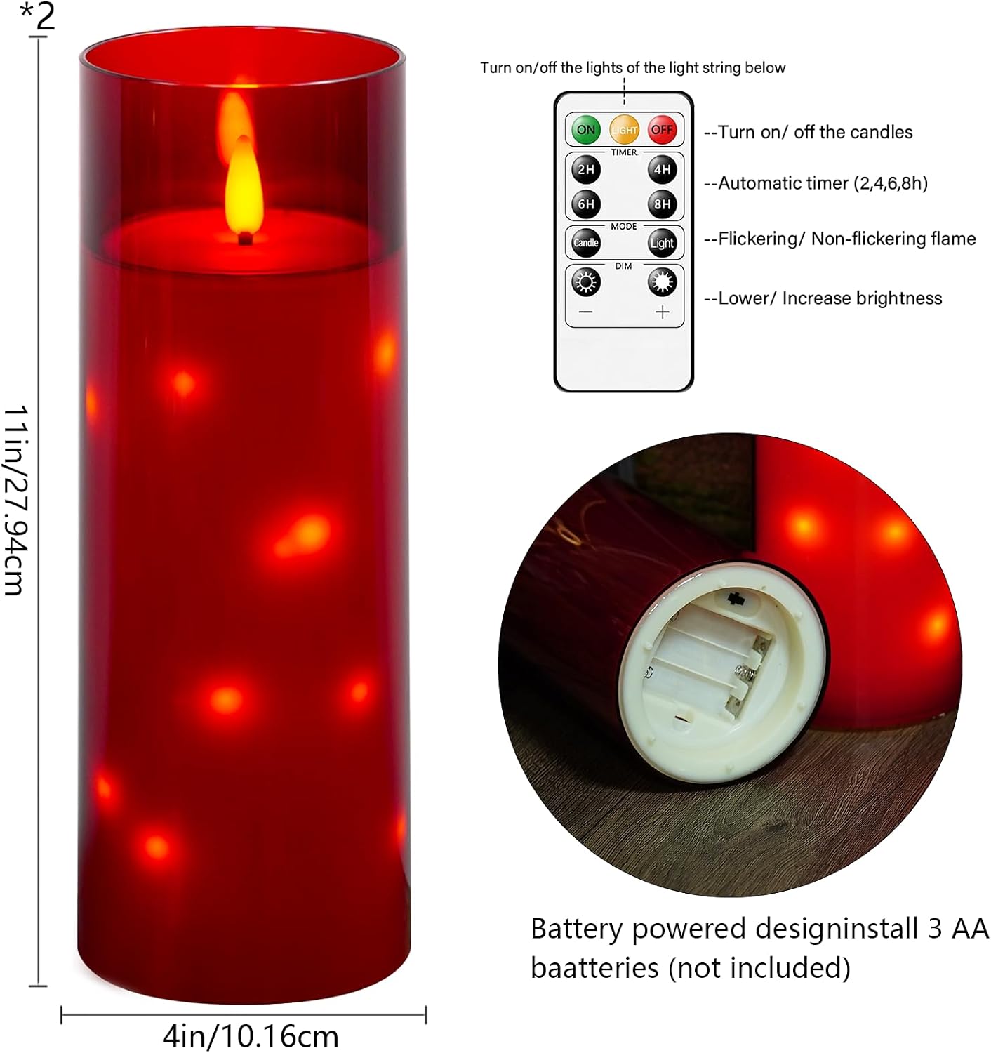 kakoya 11" x 4" Large Outdoor Waterproof Flameless LED Candles with Remote and Timer,Acrylic Pillar Candles Battery Operated with Embedded Star String for Porch,Patio,Outdoor Decor,Set of 2(Red)