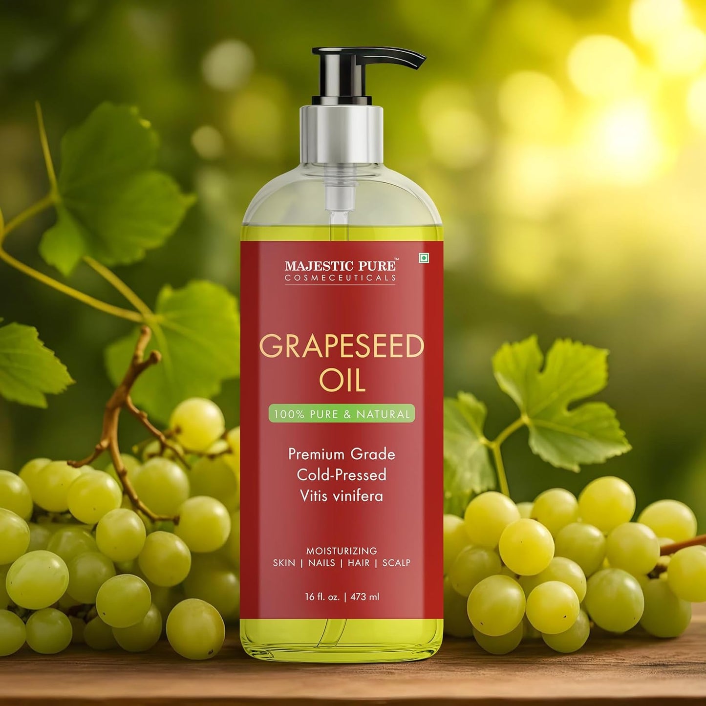 Majestic Pure Grapeseed Oil - 100% Pure & Natural - Premium Grade, Cold-Pressed, Hexane-Free Carrier Oil for Skin, Hair and Body - Moisturizing Skin, Hair and Scalp - 16 Fl Oz