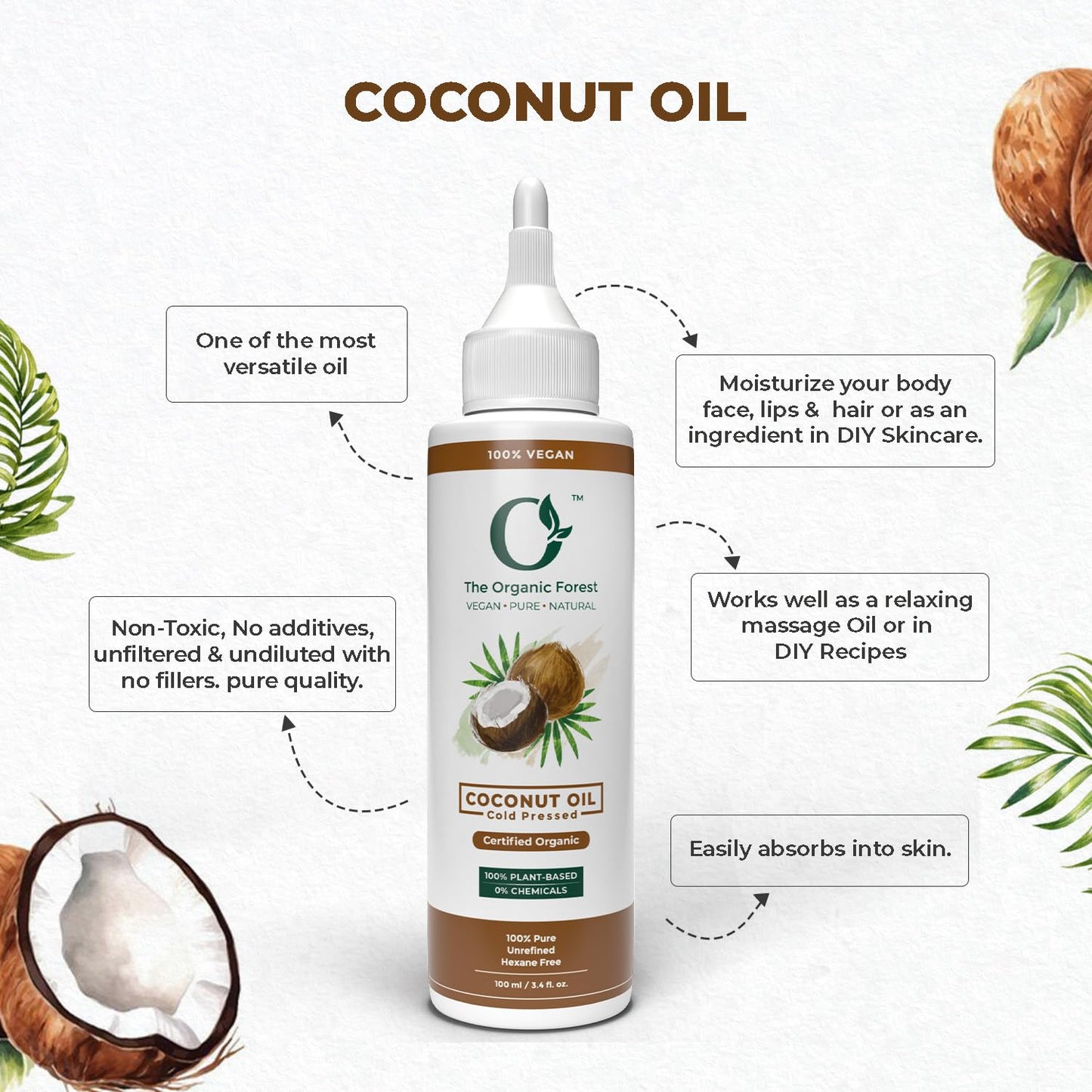 Plant Based Organic Coconut Oil for Skin & Hair | Pure Coconut Hair Oil for Damaged Hair, Deep Moisturization & Massage | Cold Pressed Body Oil after shower | Aceite de Coco Para el Cabello