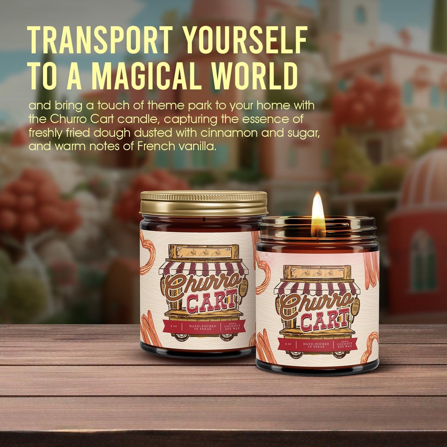 Fantaswick's Churro Cart Scented Candle | 100% Natural Coconut Soy Wax & Cotton Wick in Amber Candle Jar | Hand-Poured in Texas | 9oz
