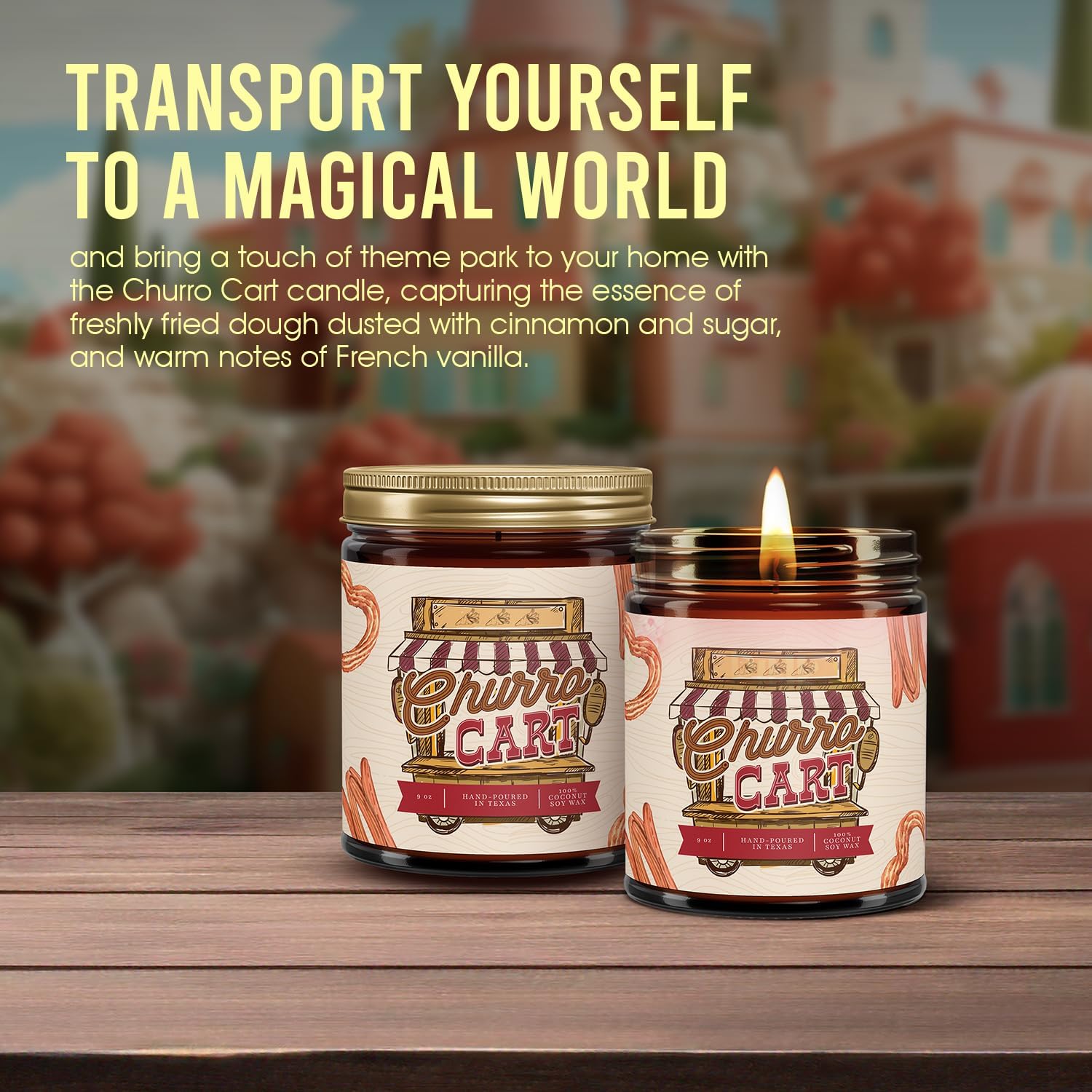 Fantaswick's Churro Cart Scented Candle | 100% Natural Coconut Soy Wax & Cotton Wick in Amber Candle Jar | Hand-Poured in Texas | 9oz