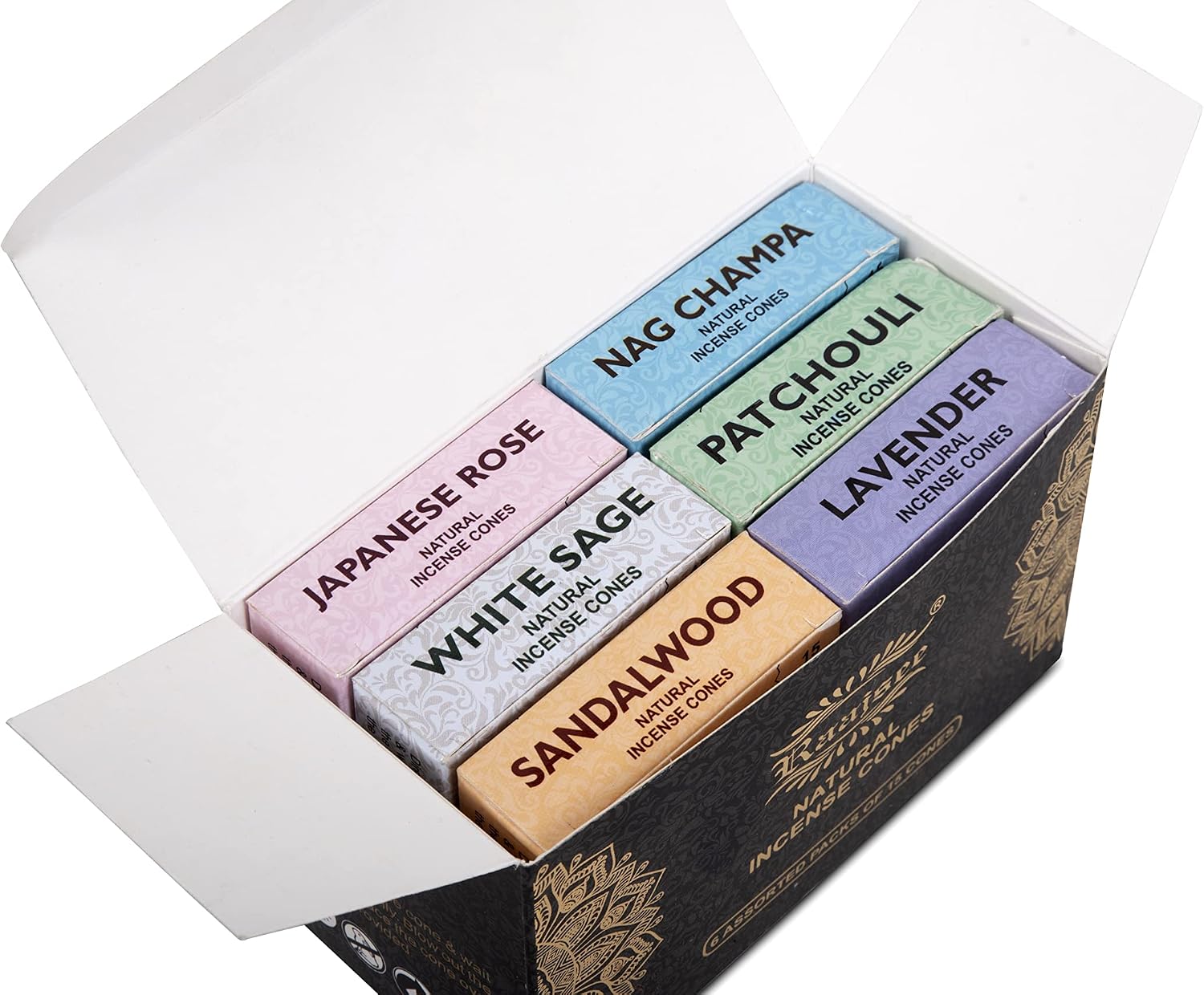 Raajsee Natural Incense Cones,6 Pack Mixed Scents Gift Pack 15 pc Each (90 Total), Insense Cones Variety Pack, 100% Organic Non Toxic Natural - Hand Rolled Free from Chemicals (Pack 1)