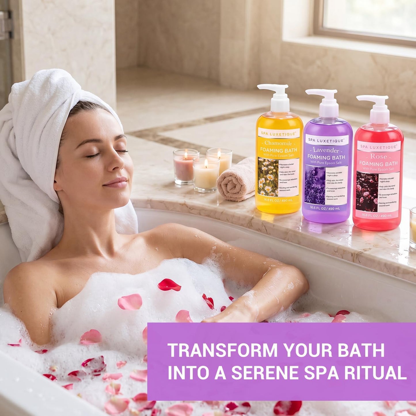 Spa Luxetique Bubble Bath, Foaming Bath with Epsom Salt, Chamomile Rose and Lavender Scent Bathing Set, 3 Pack 49.8 fl oz Mothers Day Gifts Set for Women and Men