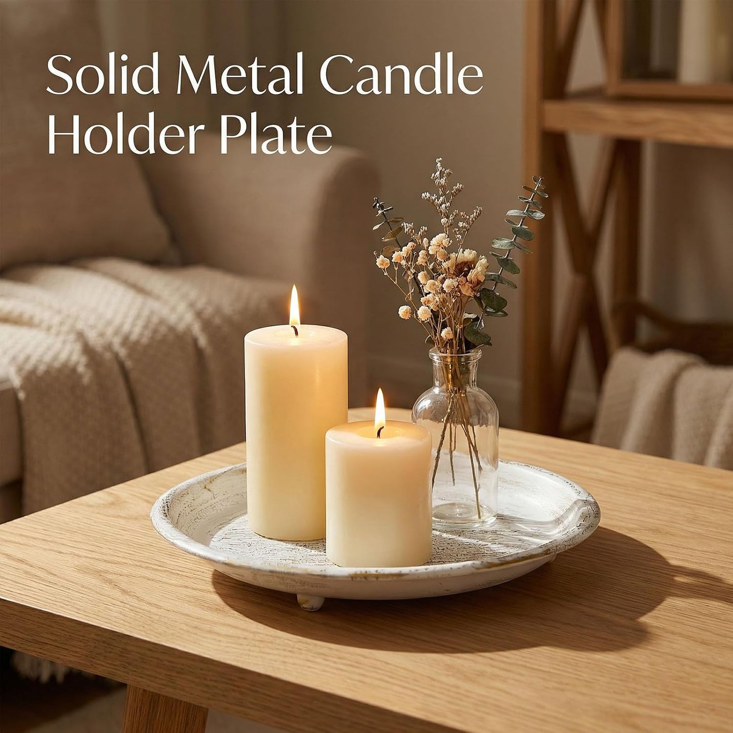 10” Candle Holder Plate Tray for Coffee Table Decor, Dining Table Centerpiece, Rustic Farmhouse Home Decoration - White