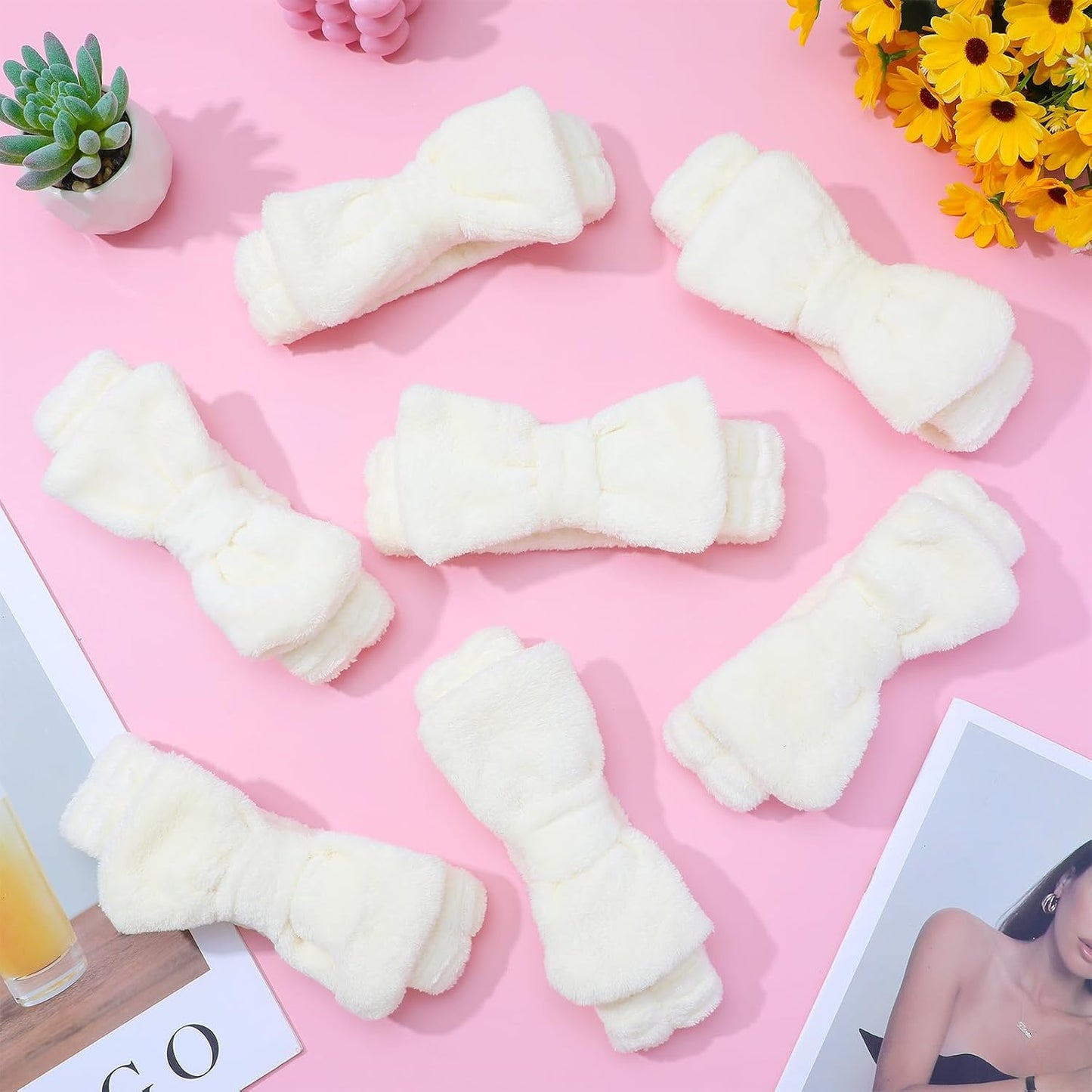 20 Pcs Spa Headband, Fluffy Bow Tie Headband for Washing Face & Makeup, Skincare Headbands for Women Non-slip Coral Fleece Headbands,Gifts for Women and Teen Girl Gifts Trendy Stuff (White)