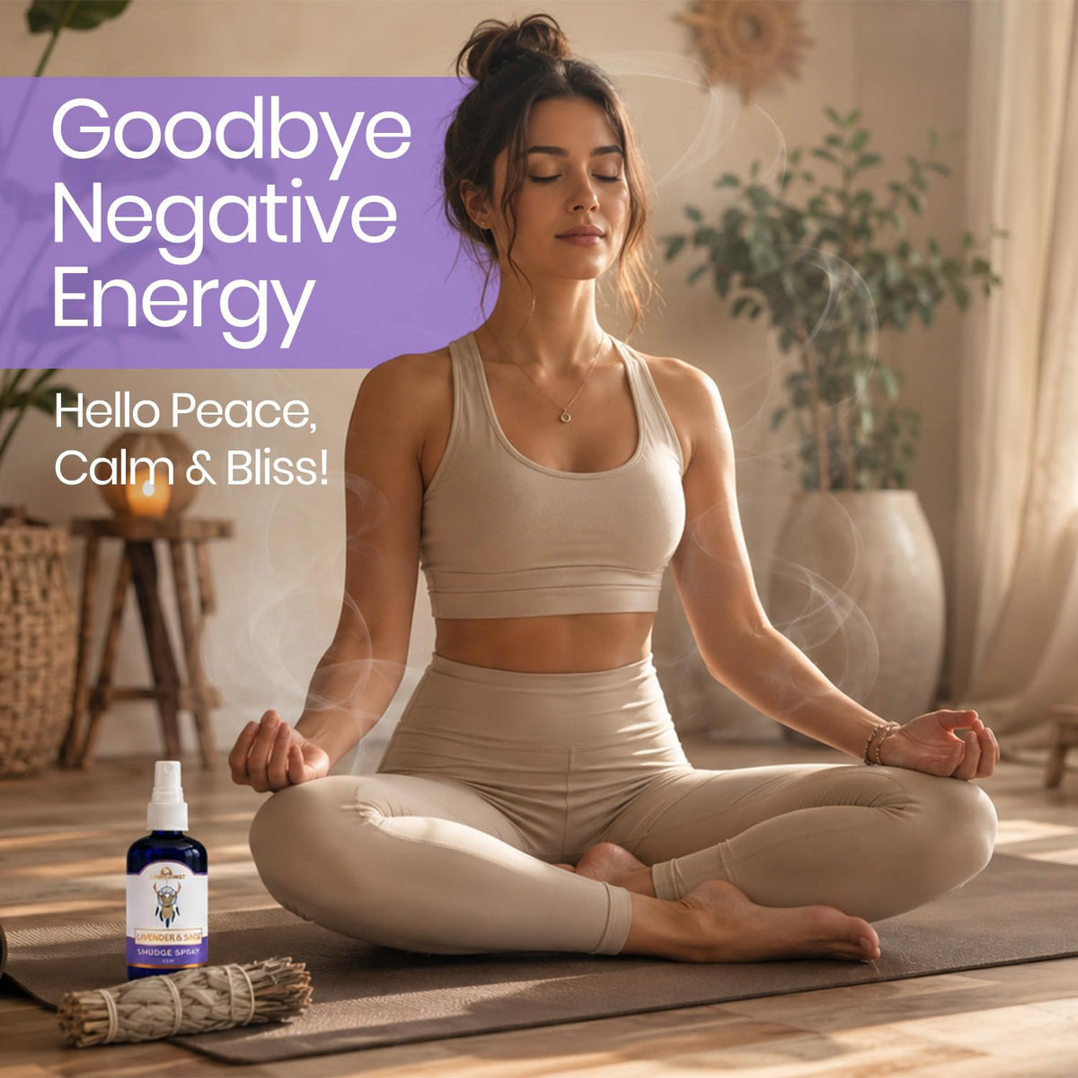 Lavender &amp; Sage Smudge Spray (114ml), Lavender Spray with White Sage Aromatherapy Mist, Calm &amp; Cleansing Negative Energy, Spiritual Room Spray, Smokeless Smudge Spray, Yoga Spray