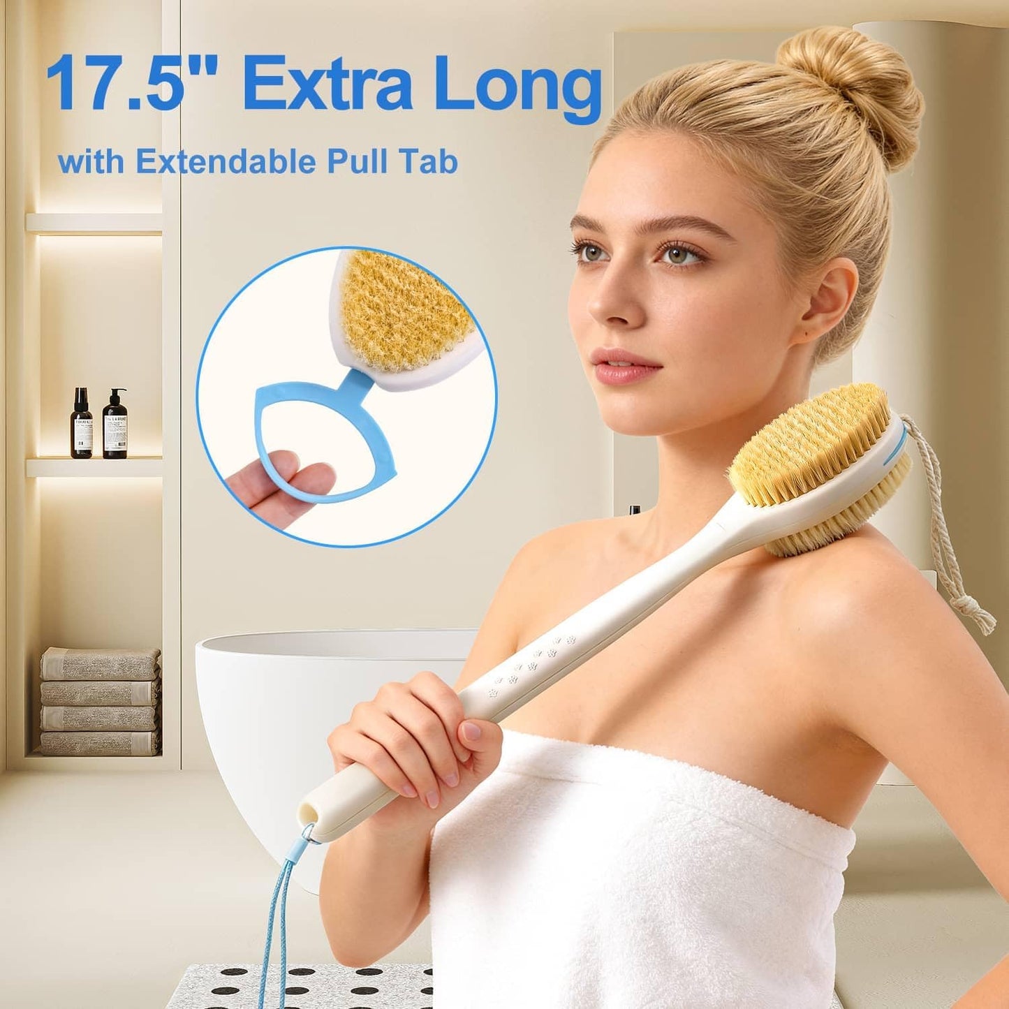 BUBBLEDANCE® Extendable Back Scrubber –Anti-Slip Dual-Sided, 4X Power Scrub | Extendable 17.5"-31.9" for 4X power – stiff & soft nylon bristles, non-slip grip, quick-dry rust-proof, rich lather
