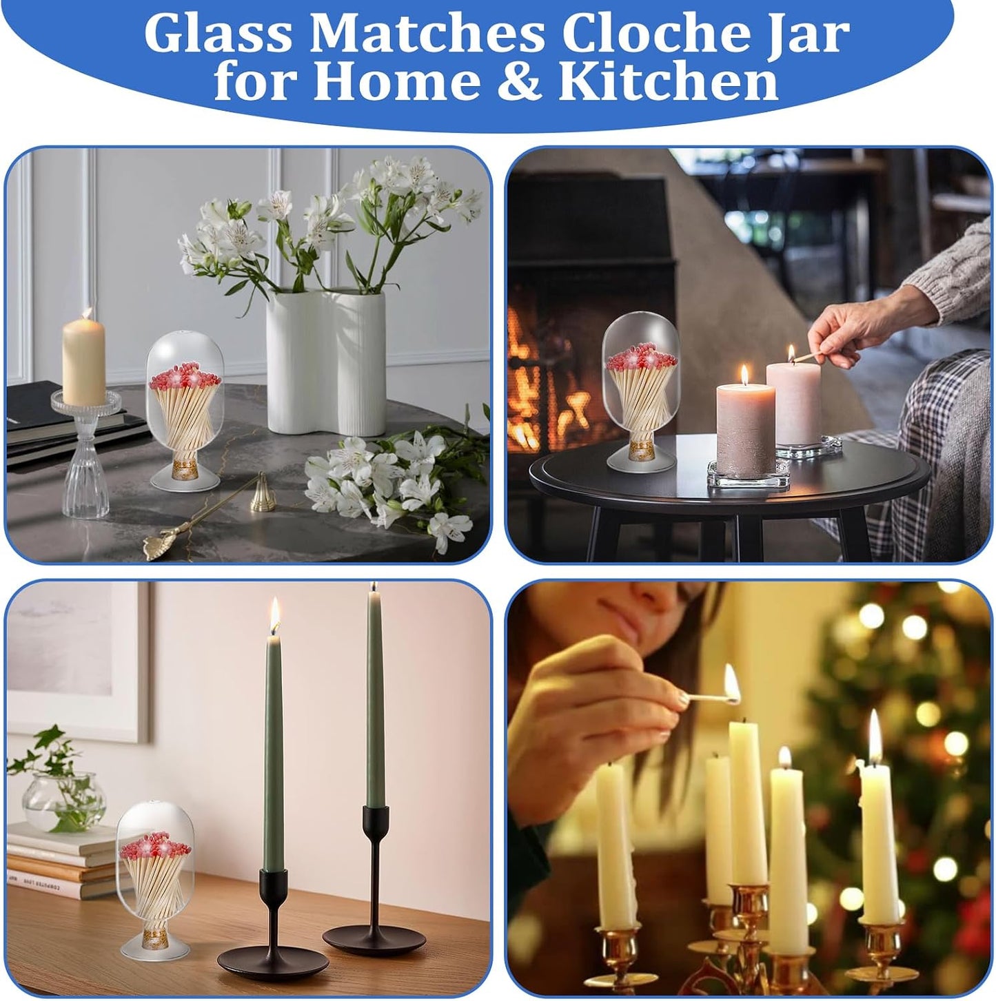 OwnMy 4 Inch Glass Match Cloche Decorative Glass Match Holder Jar with Cork Stopper, Clear Glass Matches Box Matchstick Holder Organizer for Home Bathroom Fireplace Candle Use (NOT Includes Matches)