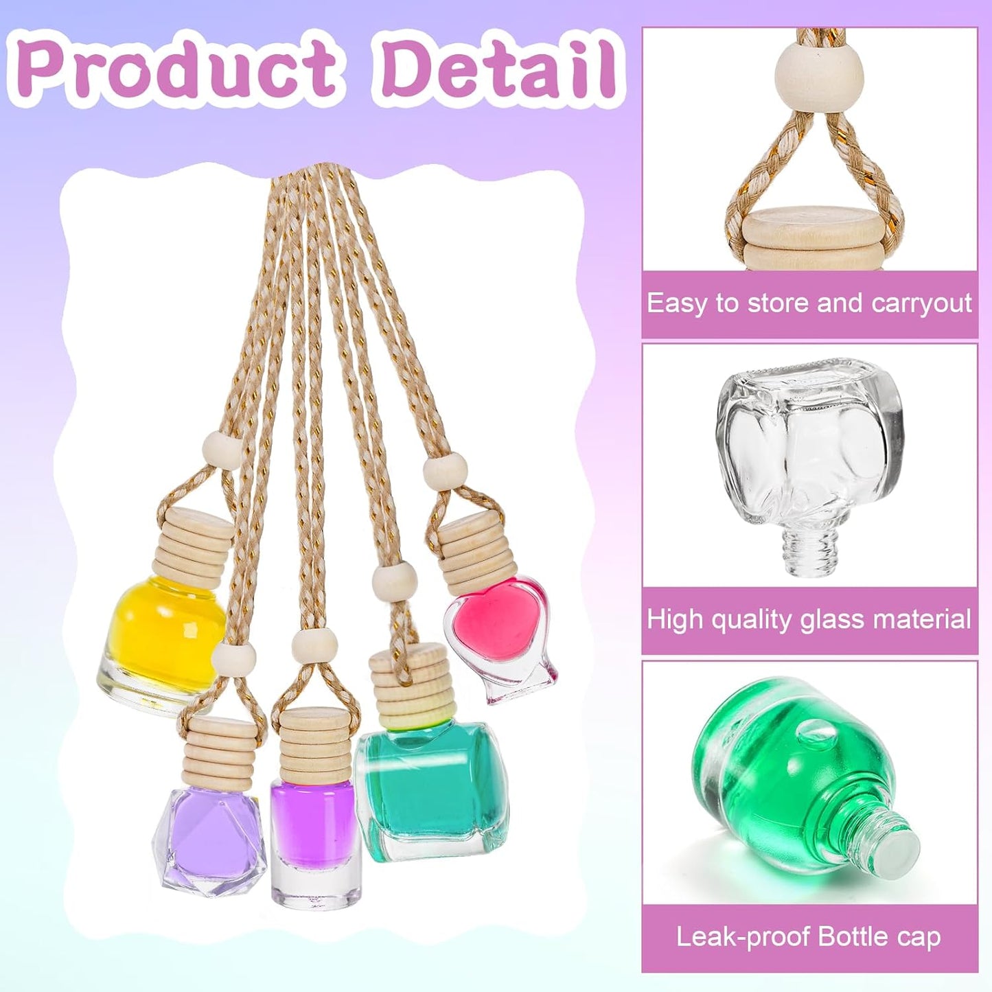 Fasmov 100 Pcs Hanging Car Air Freshener Diffuser, 10ml/8ml/5ml Empty Clear Glass Essential Diffuser Oil Aromatherapy Fragrance Perfume Pendant Glass Vials with Wooden Caps Lanyard, 5 Assorted Style