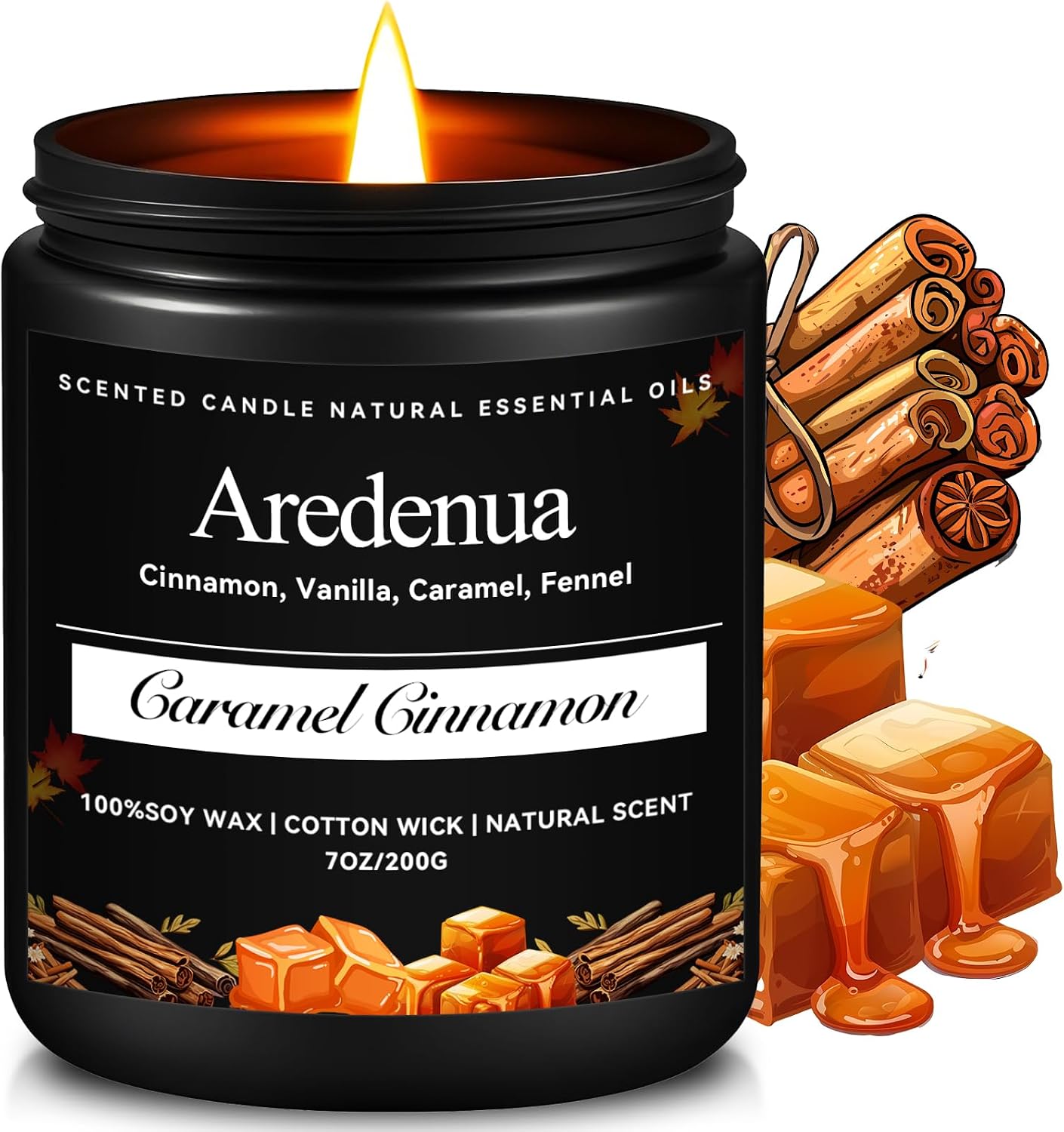 Caramel Cinnamon Luxury Candle - Rich Gourmand Scent, 7oz Natural Soy Wax, Hand-Poured Cozy Home Scented Candle - Elegant Home Fragrance for Living Room, Dinner Party & Self-Care Indulgence