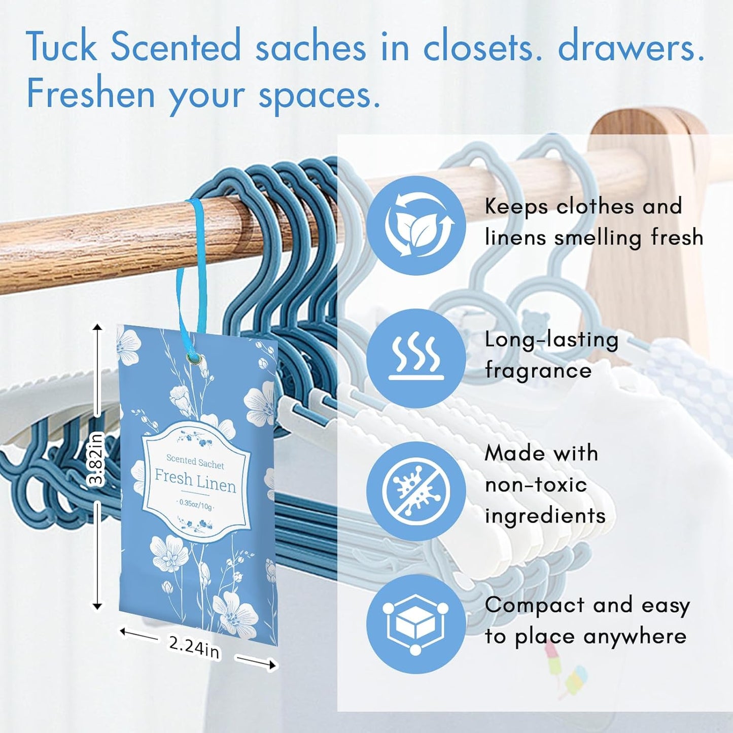 SCENTORINI Scented Sachets for Drawers and Closets, Fresh Linen Scent 14 Pack, Sachets Bags, Closet Freshener Sachet for Wardrobe, Cupboard, Luggage, Handbag, Suitcases