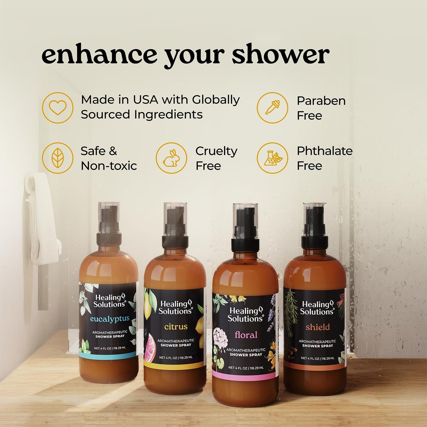 Healing Solutions Aromatherapy Shower Spray, Citrus, 4oz, Therapeutic Grade Essential Oils, Made in the USA, At Home Spa Experience (4oz, Citrus)