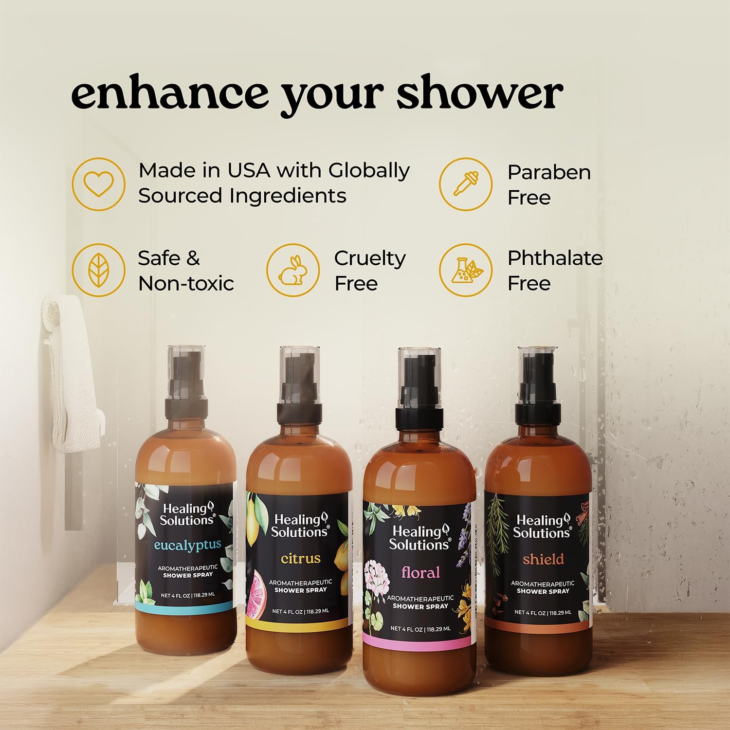 Healing Solutions Aromatherapy Shower Spray, Citrus, 4oz, Therapeutic Grade Essential Oils, Made in the USA, At Home Spa Experience (4oz, Citrus)