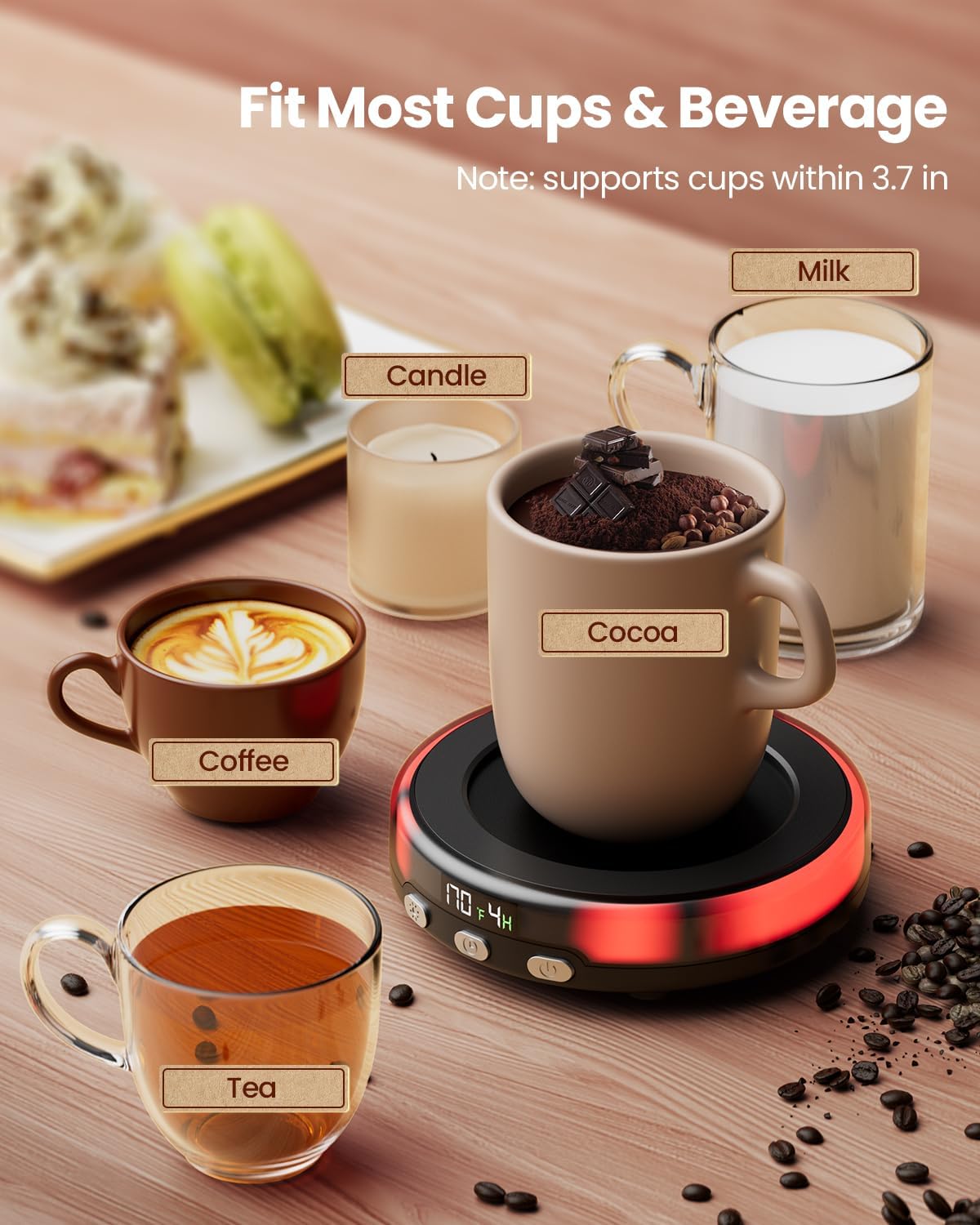 Gaiatop Coffee Mug Warmer for Desk, 3 Temp Settings, 2-9Hrs Timer, 3 Colorful Romantic Atmosphere Light Modes, Stocking Stuffers, Beverage Heating Plate with Digital Display for Candle Tea Milk Black