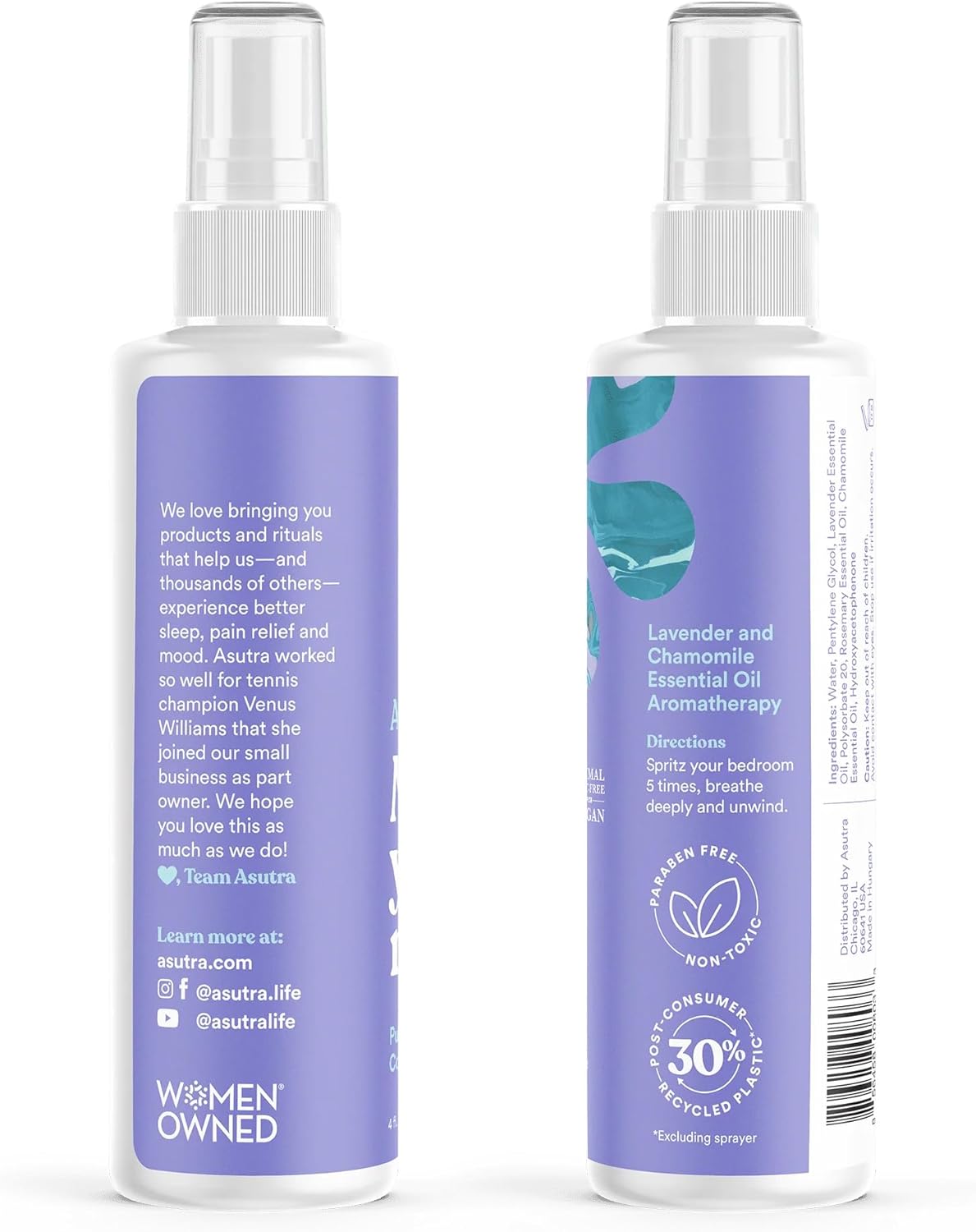 Asutra Lavender & Chamomile Multi-Use Natural Aromatherapy Room Spray, Calming Linen & Pillow Mist, Fabric Spray for Sleep & Bed, 4 fl oz