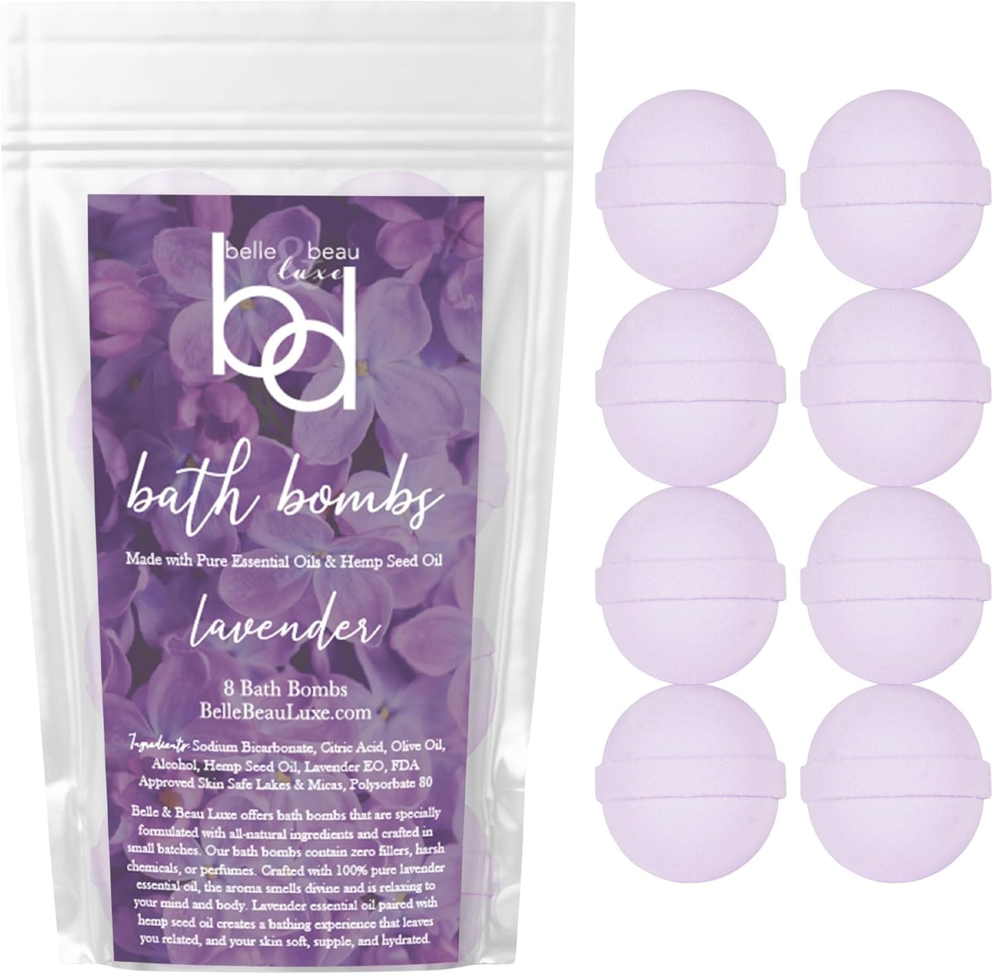 Belle & Beau Luxe Hemp Bath Bombs - Made with Organic Hemp Seed Oil and Pure Essential Oils - 8 Count