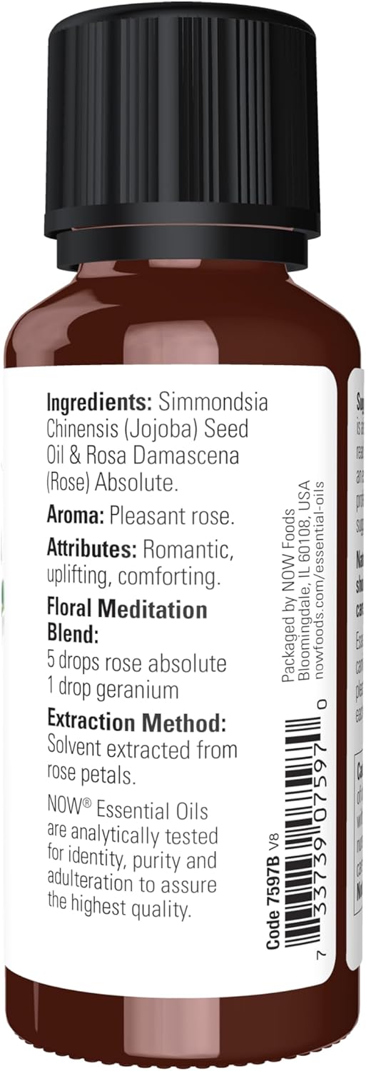 NOW Essential Oils, Rose Absolute, 5% Blend of Pure Rose Absolute Oil in Pure Jojoba Oil, Romantic Aromatherapy Scent, Vegan, Child Resistant Cap, 1-Ounce