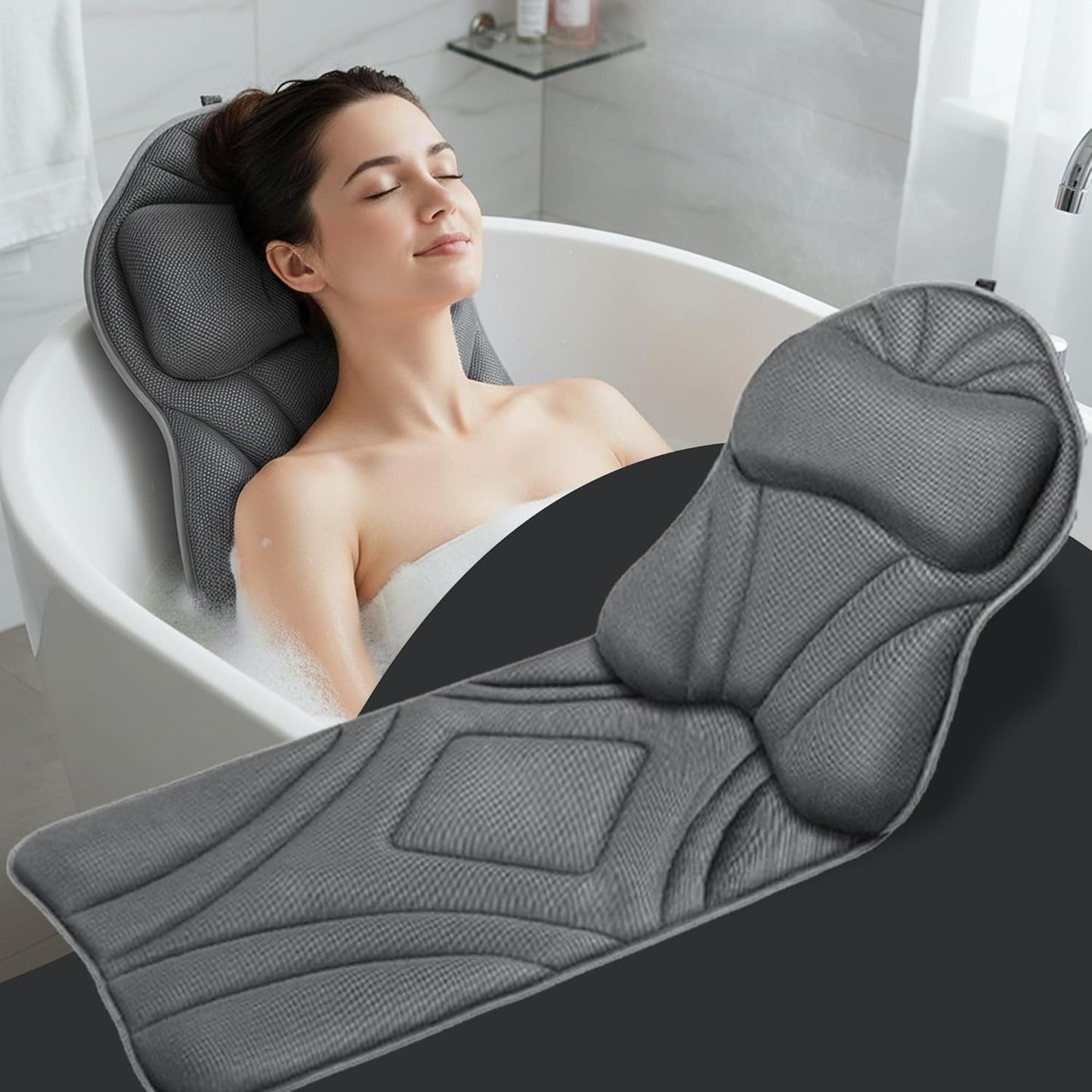 Rylor Full Body Bath Pillow – Luxury Cushion for Bathtub | Extra Large & Thick | Premium Packaging - Head, Neck, Shoulder & Back Support – Quick-Dry, Mold Resistant – for Women & Men (Gray)