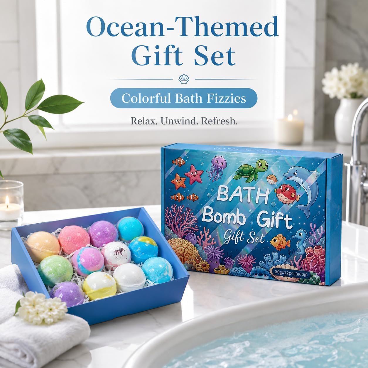 Ocean Bath Bomb Gift Set, 12 Pack Colorful Bath Fizzies, 1.76 oz Each, Bathwater Additive for Relaxing Soaks, Home Spa Bath Set for Women and Men