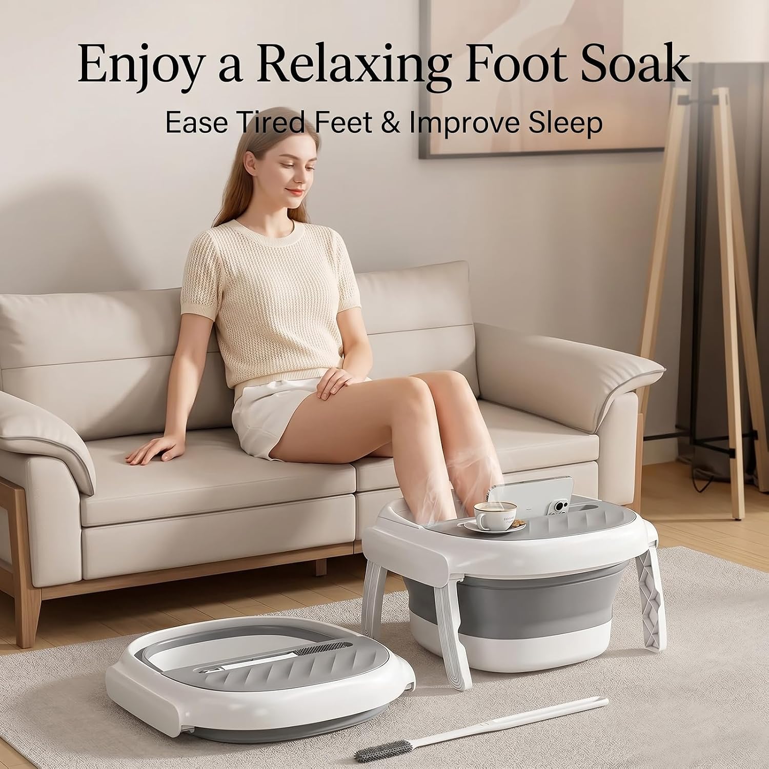 Collapsible Foot Bath Tub with Long Handle Foot Brush, Foldable Foot Soaking Tub with Insulated Lid & Sturdy Support Frame, Pedicure Foot Spa Basin for Men Women Home Travel (Gray)