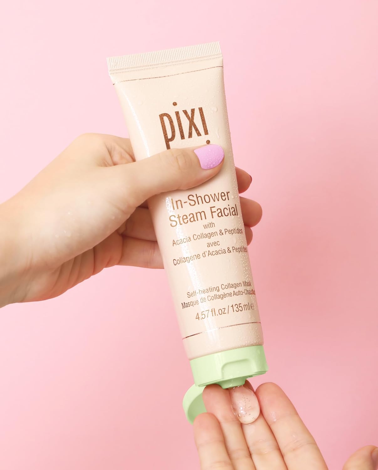 Pixi In-Shower Steam Facial | Gel-to Oil Cleanser for Radiant Skin | Deeply Nourishes, Softens & Tones | Self-heating for Use in Shower or Bath | 4.6 fl oz/ 135 ml