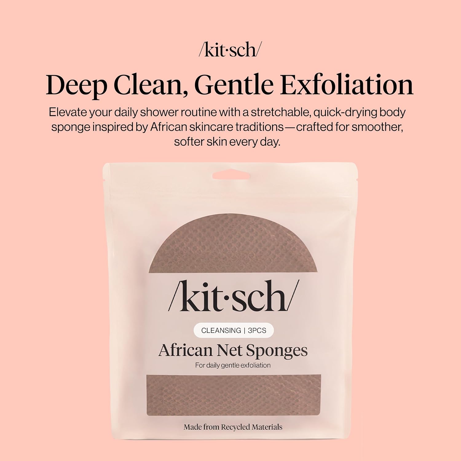 Kitsch African Net Sponge – Exfoliating Body Scrubber for Cleansing & Gentle Daily Exfoliation – Stretchable Bath Sponge for Hard-to-Reach Areas, Long-Lasting Shower Essential - Rosewood, 3 Pcs