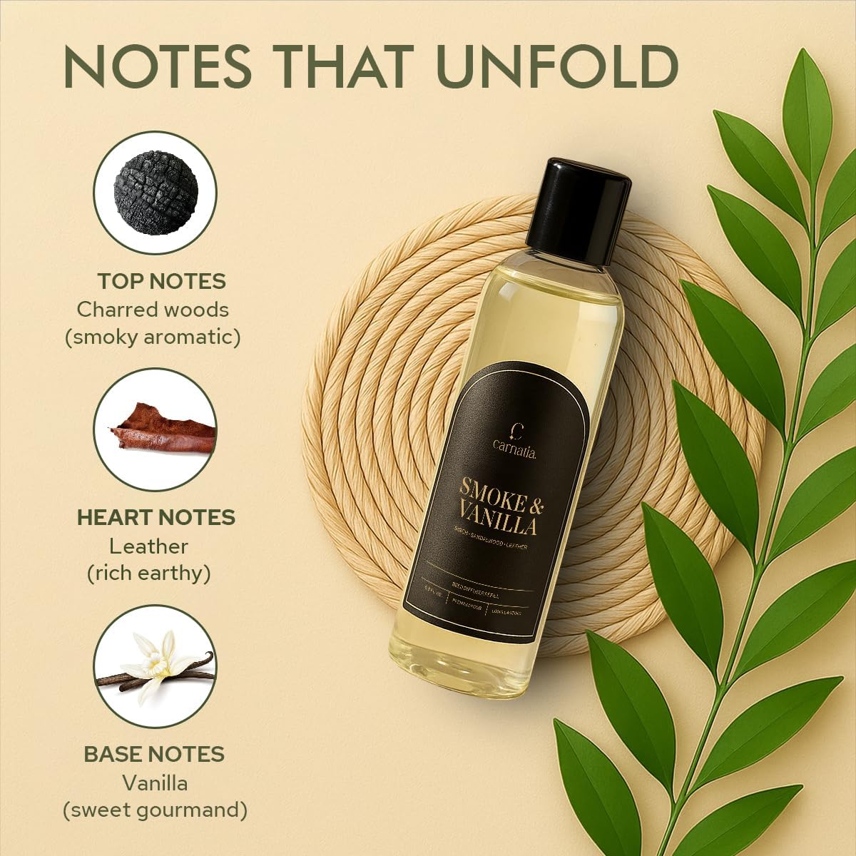 Carnatia Smoke & Vanilla Reed Diffuser Refill Oil – Fragrance for Home, Bedroom & Bathroom – Long-Lasting Scented Oil, 6.8 oz