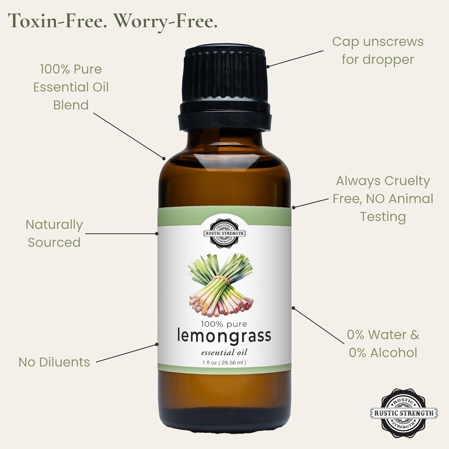 Rustic Strength 100% Pure Essential Oil, Lemongrass, Therapeutic Grade, Non-Toxic, Aromatherapy & Home Use, 1 oz