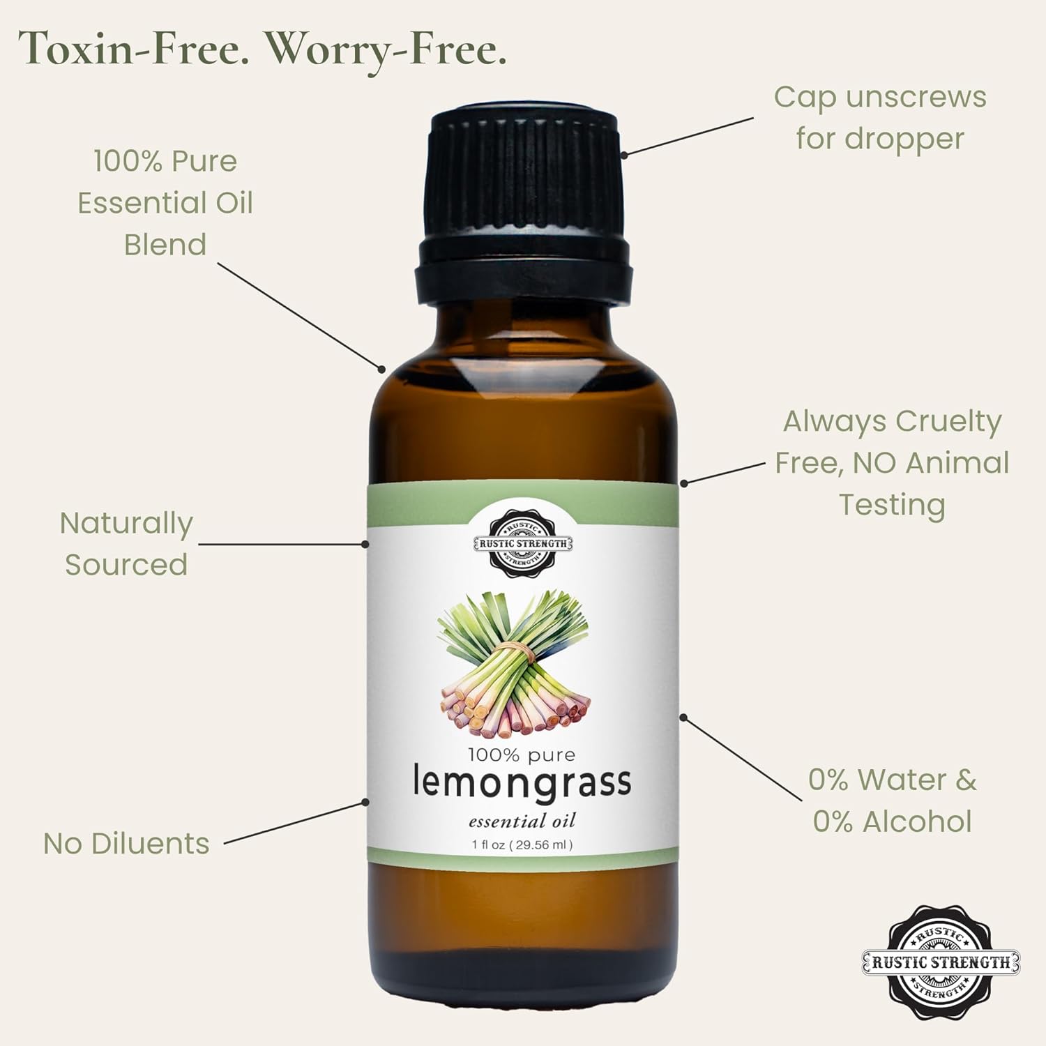 Rustic Strength 100% Pure Essential Oil, Lemongrass, Therapeutic Grade, Non-Toxic, Aromatherapy & Home Use, 1 oz