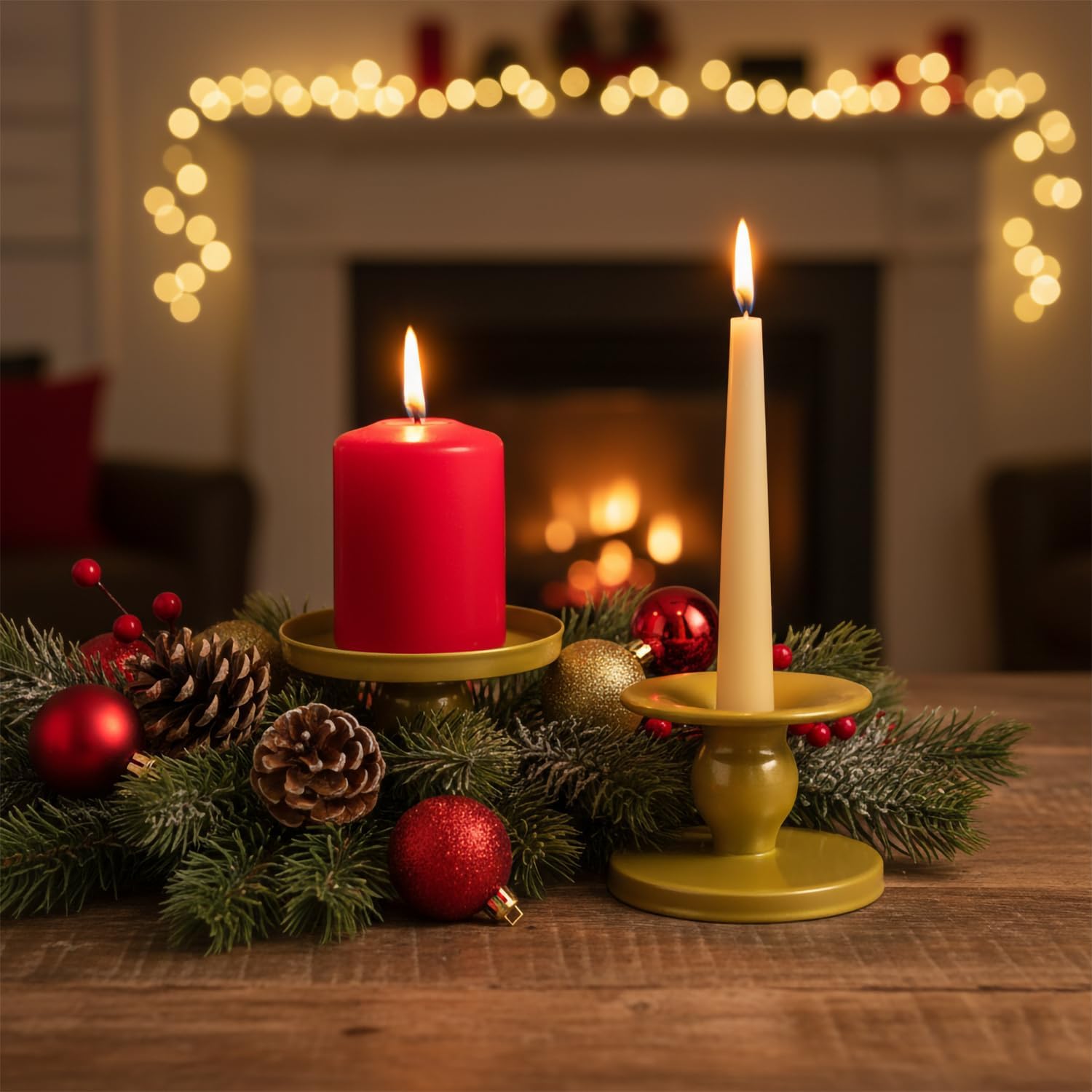 Table Yellow Candle Holders – Set of 2 | Reversible Metal Candle Stand for Pillar & Taper Candles | Stylish Tabletop Candle Tray for Home Décor, Weddings & Special Occasions (Yellow)