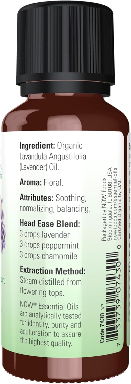 NOW Essential Oils, Organic Lavender Oil, Soothing Aromatherapy Scent, Steam Distilled, 100% Pure, Vegan, Child Resistant Cap, 1-Ounce