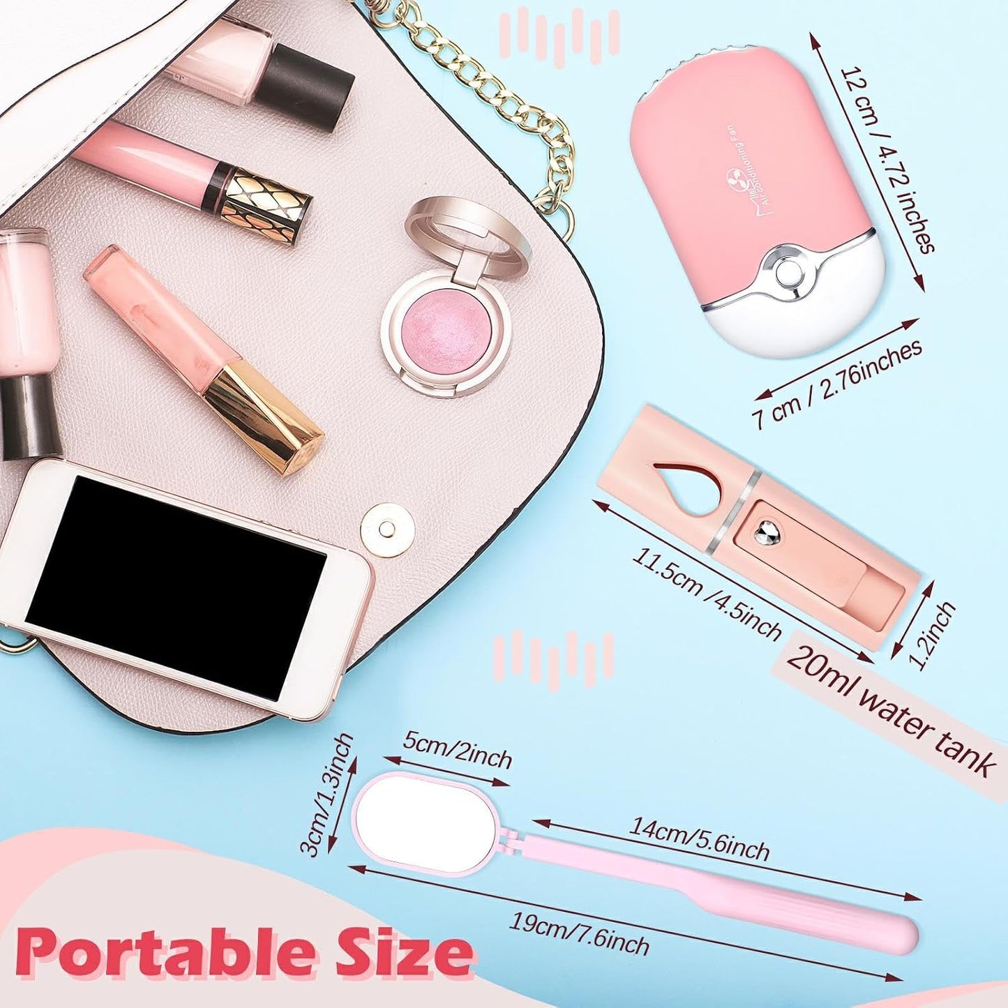 Honoson 3 Pcs Nano Mister for Lash Extensions Mini USB Lash Fan Dryer for Eyelash Extensions Handheld Eyelash Mirror Portable Facial Steamer 20 ml Water Tank(Heart Style,Pink)