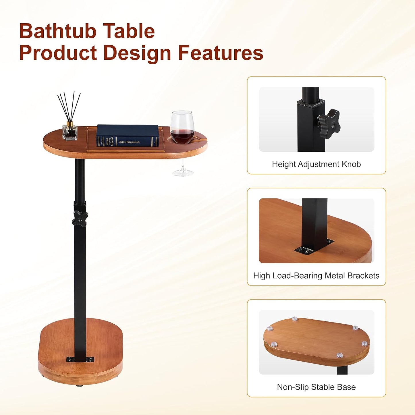 Bamboo Bathtub Side Table, 360° Swivel Height Adjustable Freestanding Bath Caddy Tray Organizer with 5 Storage, Luxury Home Spa Bathroom Essential (Walnut)