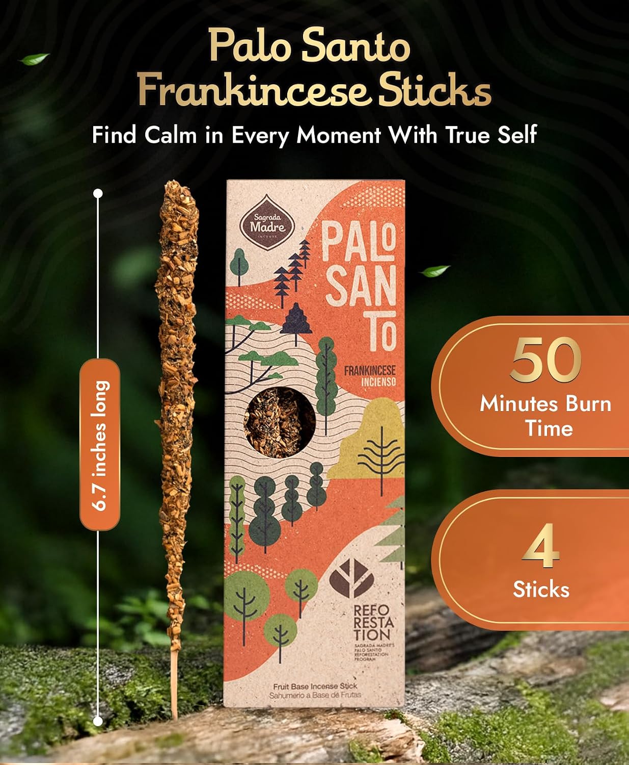 Sagrada Madre 4pcs Wildly Harvested Palo Santo Incense Sticks (Frankincense), 6.7” Long - Non-Toxic, Aromatic Incense Sticks (50 min Approx. Burning Time) to Heal & Calm Your Body and Environment