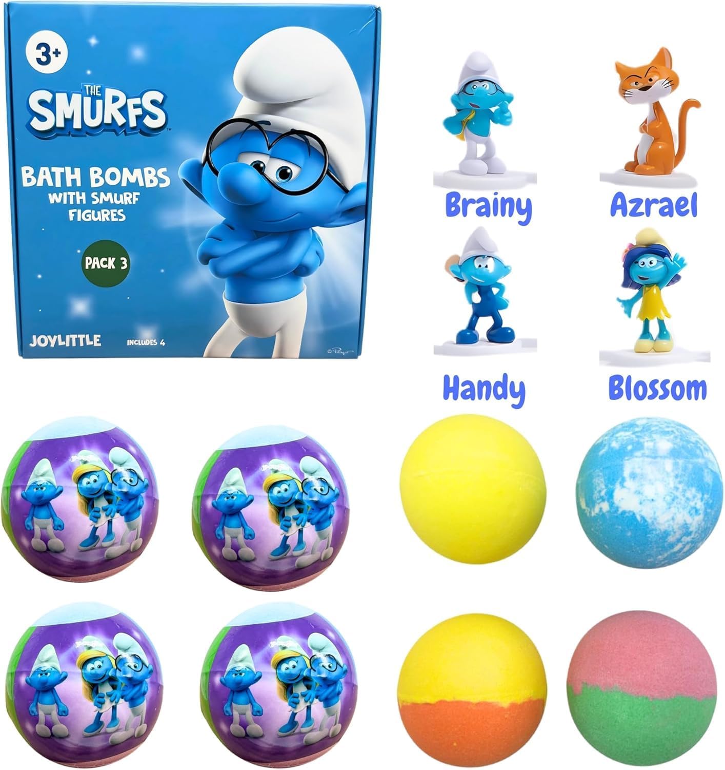 The Smurfs Bath Bombs with Action Figures-Brainy, Handy Smurf, Blossom, and Azrael (Pack 3)