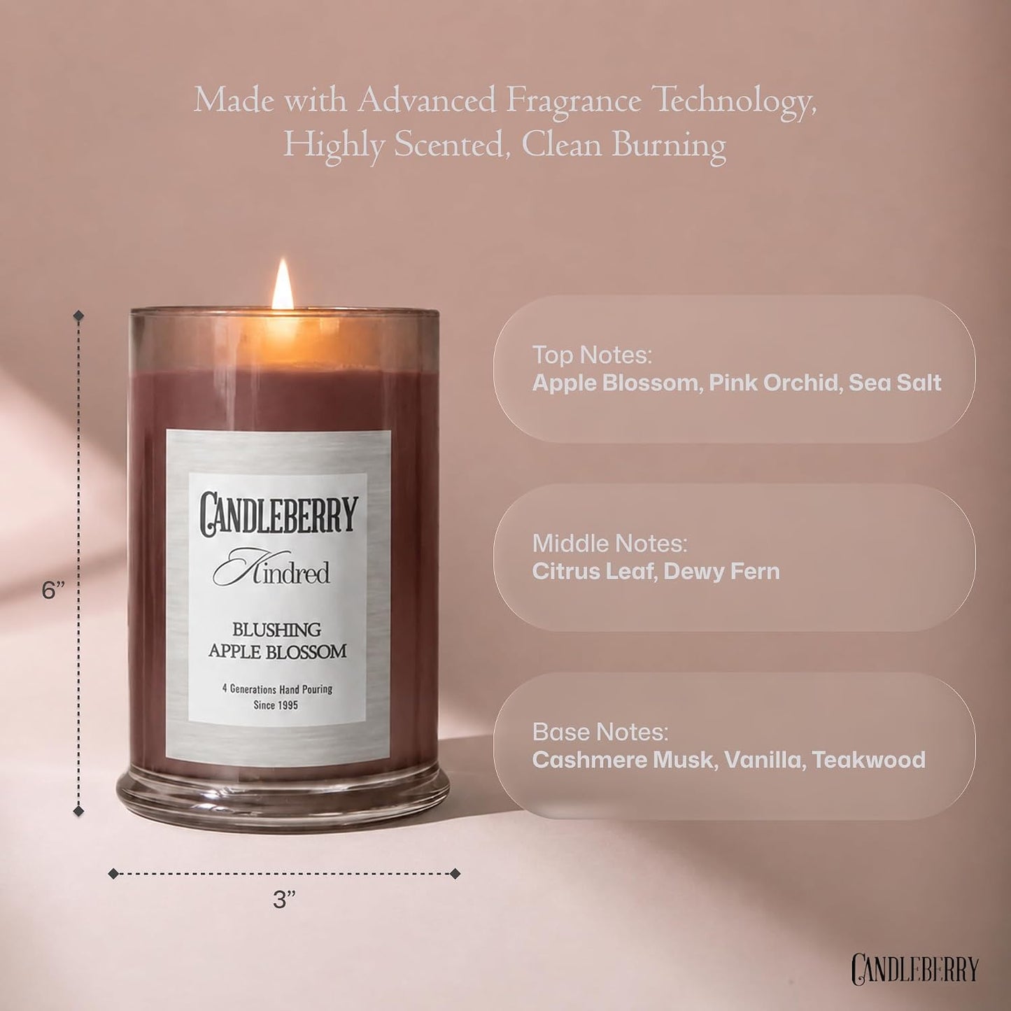 Candleberry Candles Kindred Spring Summer Collection | Luxury Glass Jar | USA Hand Poured Soy Blend Candle | Highly Scented & Long Lasting | Up to 90 Hour Burn Time (Blushing Apple Blossom)