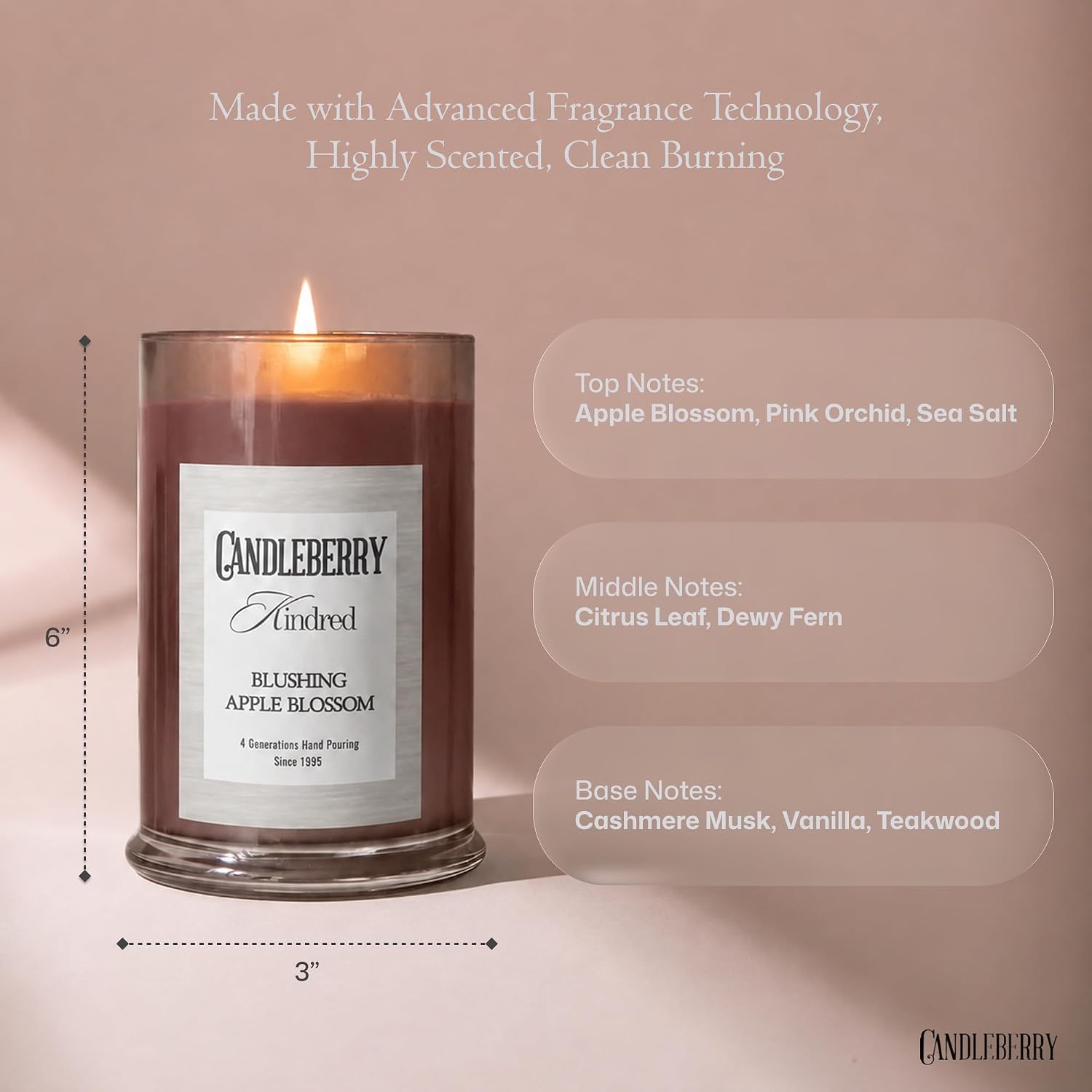 Candleberry Candles Kindred Spring Summer Collection | Luxury Glass Jar | USA Hand Poured Soy Blend Candle | Highly Scented & Long Lasting | Up to 90 Hour Burn Time (Blushing Apple Blossom)