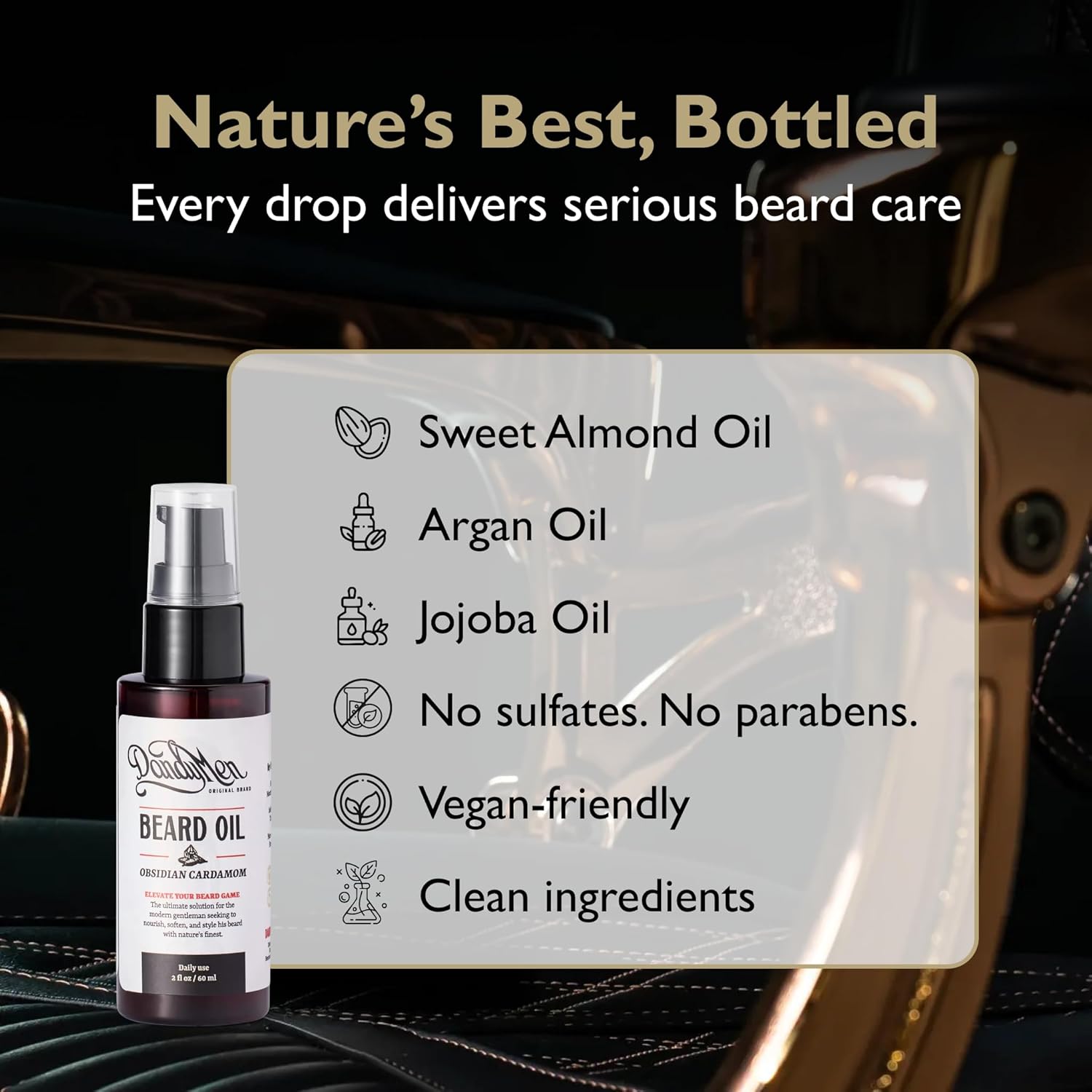 Beard Oil for Men – Hydrating Beard Conditioner & Softener with Sweet Almond & Argan Oils – 2 oz, Obsidian Cardamom