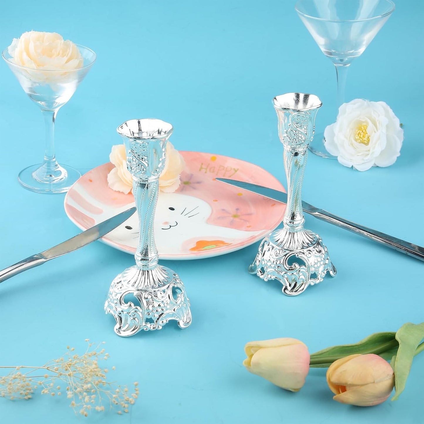 Shabbat Candles Holders Set of 2 - Silver Plated Shabbat Candlesticks, Vintage Silver Jewish Holder for Shabbos Candles, Havdalah Gifts for Holiday (Silver)