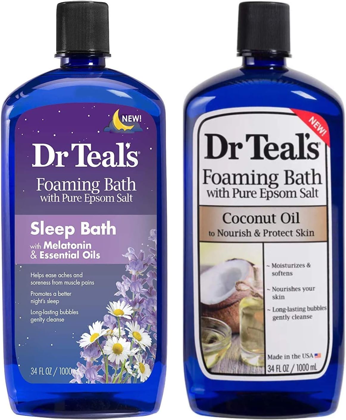 Dr Teal's Foaming Bath Variety Gift Set (2 Pack, 34oz Ea) - Melatonin Sleep Bath, Nourish & Protect with Coconut Oil - Essential Oils Blended with Pure Epsom Salt Ease Pain & Promote Better Sleep