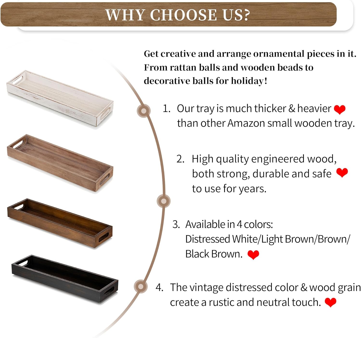 Hanobe Decorative Wooden ServingTray: Rustic Long Narrow Centerpiece Farmhouse Wood Candle Holder Trays with Cutout Handles Rectangular Coffee Table Tray for Living Room Kitchen Home Decor, White
