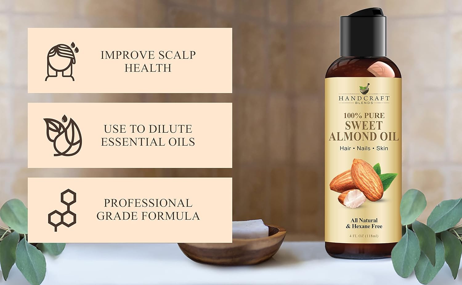 Handcraft Blends Sweet Almond Oil - 4 Fl Oz - 100% Pure and Natural - Premium Grade Carrier Oil for Skin and Hair - Hair and Body - Massage - Hexane-Free